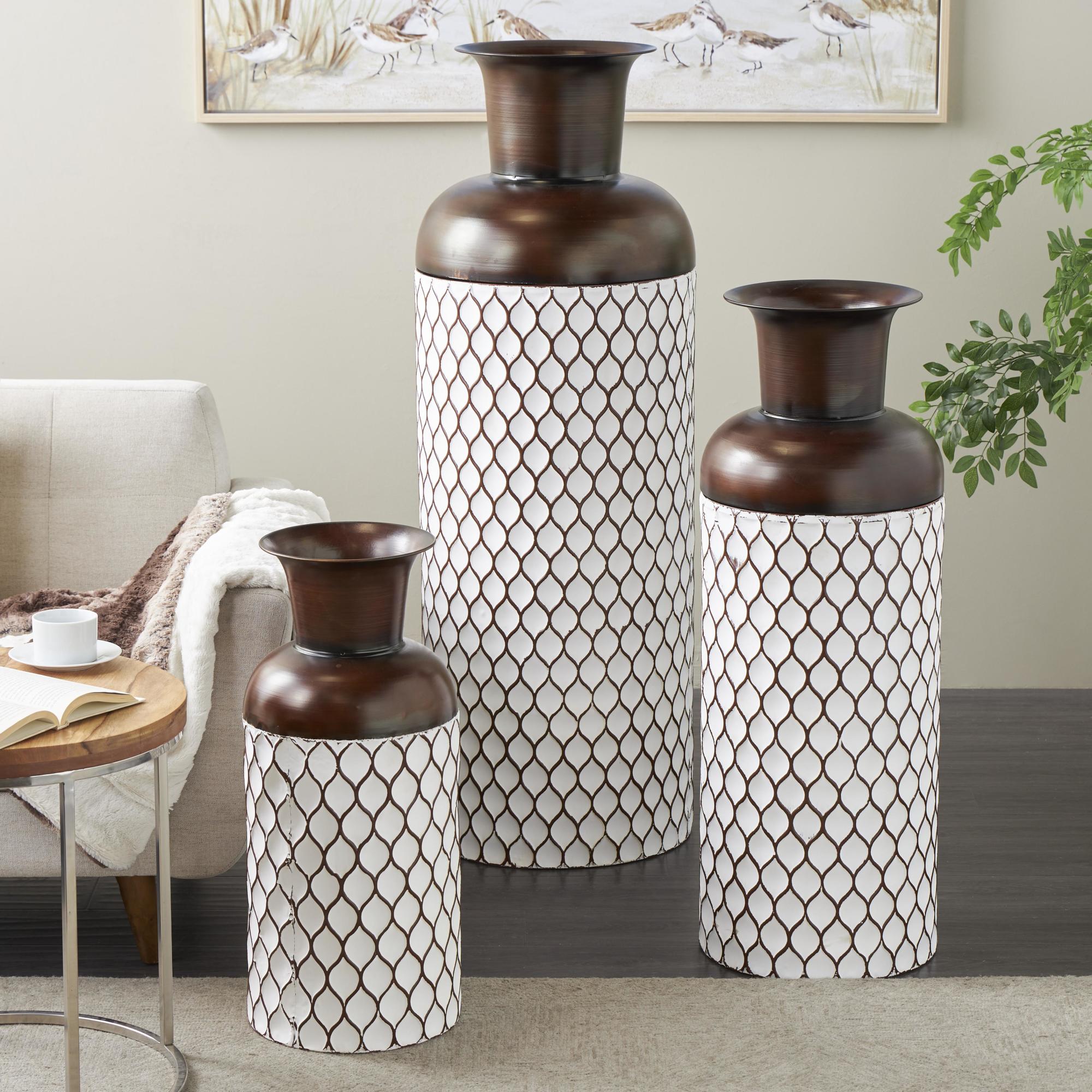 Set of 3 White Metal Tall Teardrop Shaped Decorative Vase with Brown Trumpet Tops