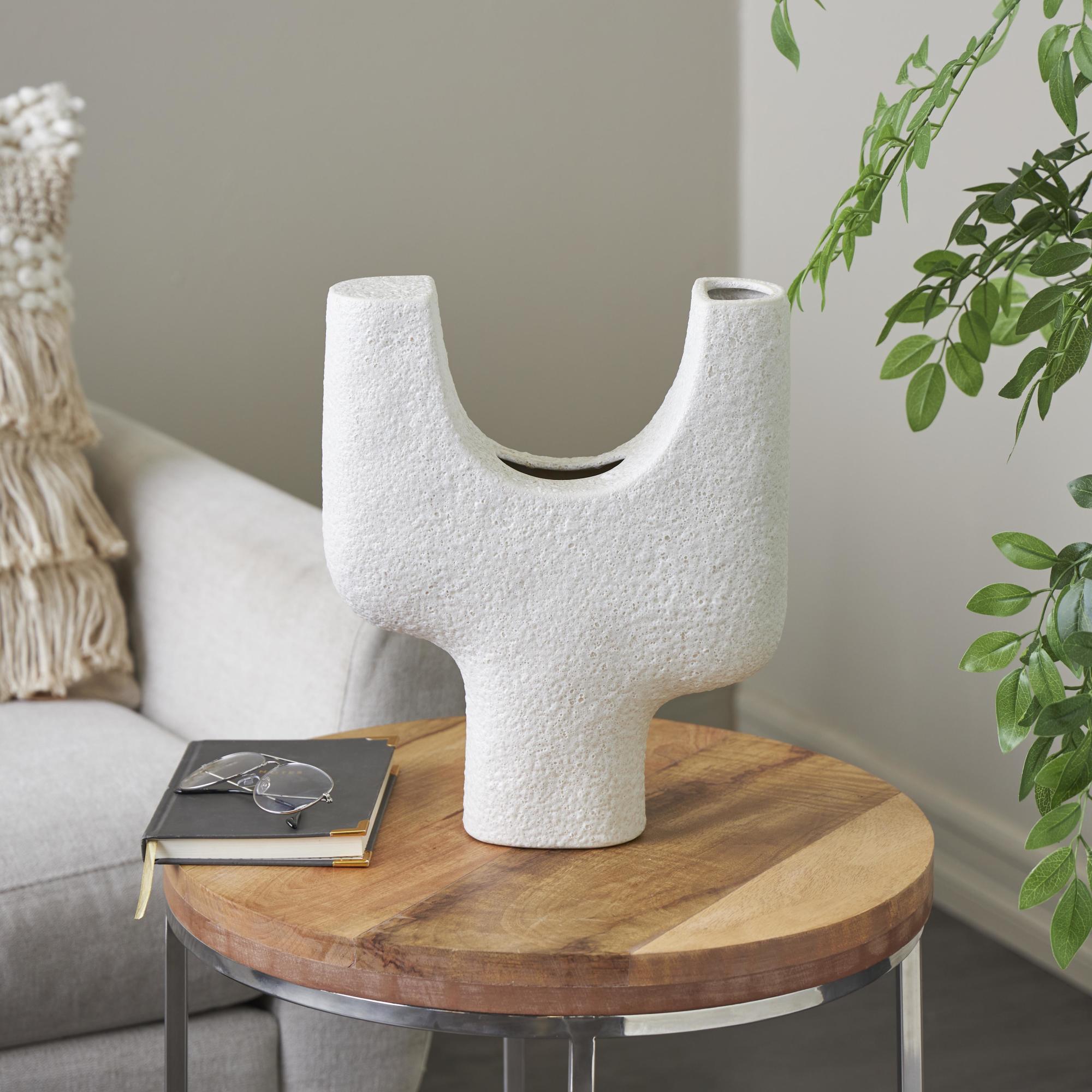 Abstract White Ceramic Curved Decorative Vase with Dual Openings and Speckled Texturing