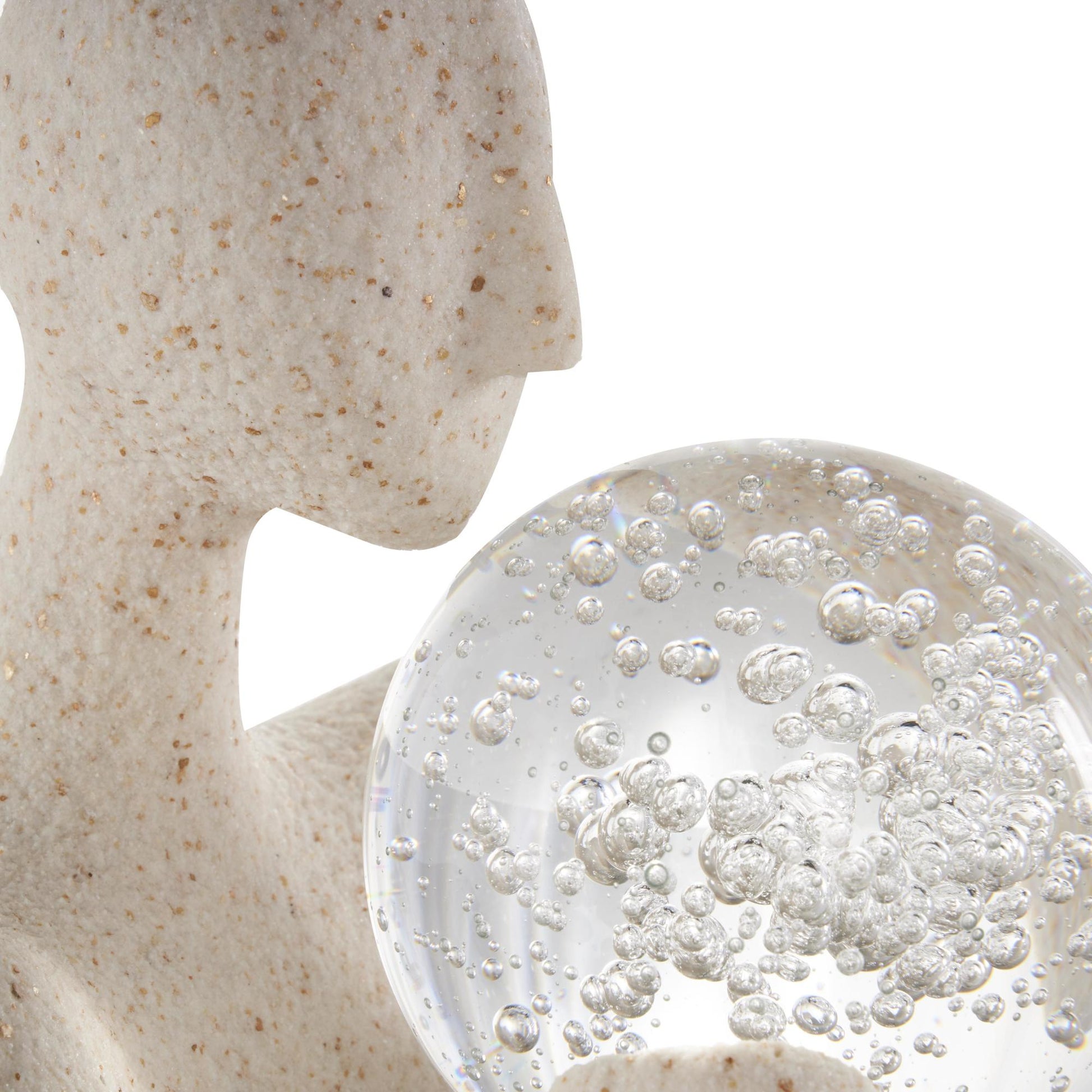 People Cream Polystone Abstract Textured Decorative Sculpture with Clear Glass Ball and Gold Speckles