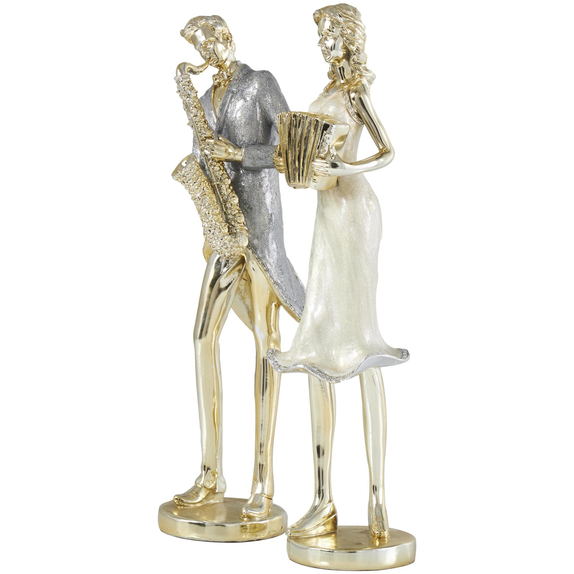 Set of 2 Musician Gold Resin Decorative Sculpture with Accordion and Saxophone