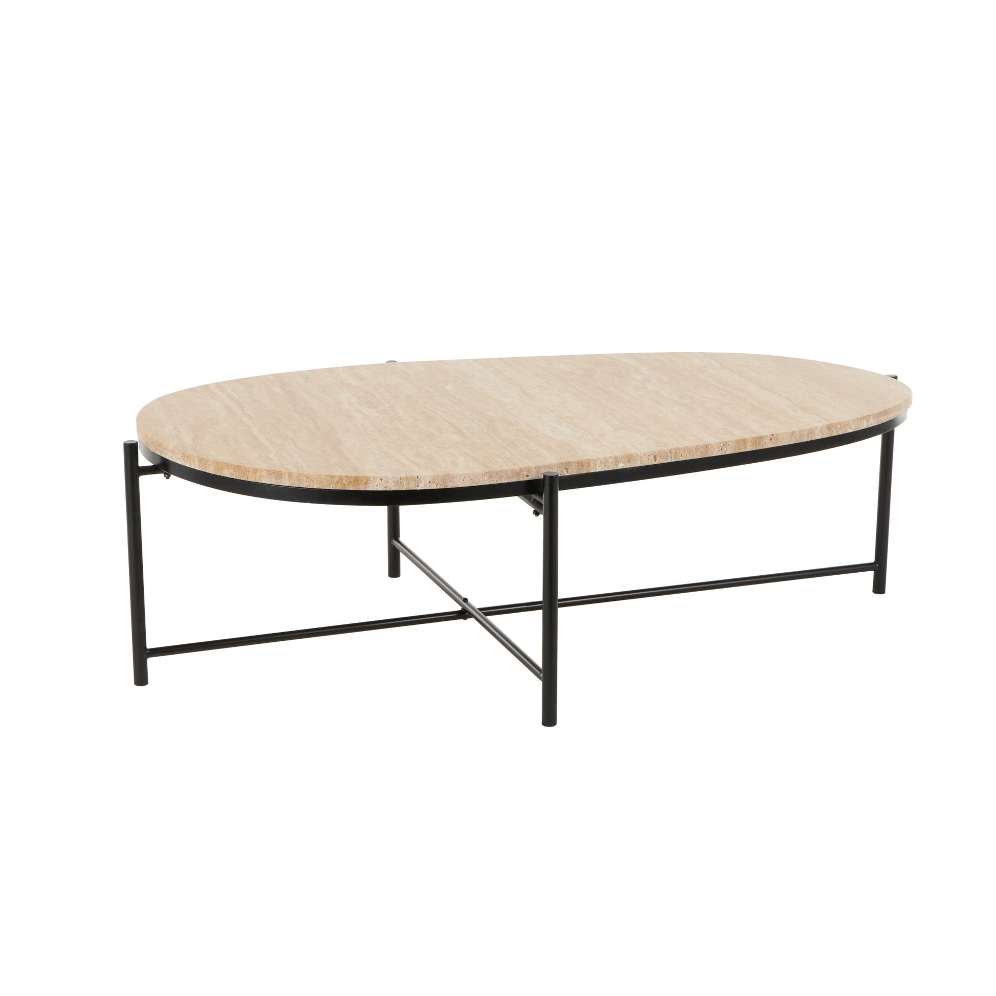 Beige Marble Oval Living Room Coffee Table with Black Metal Support