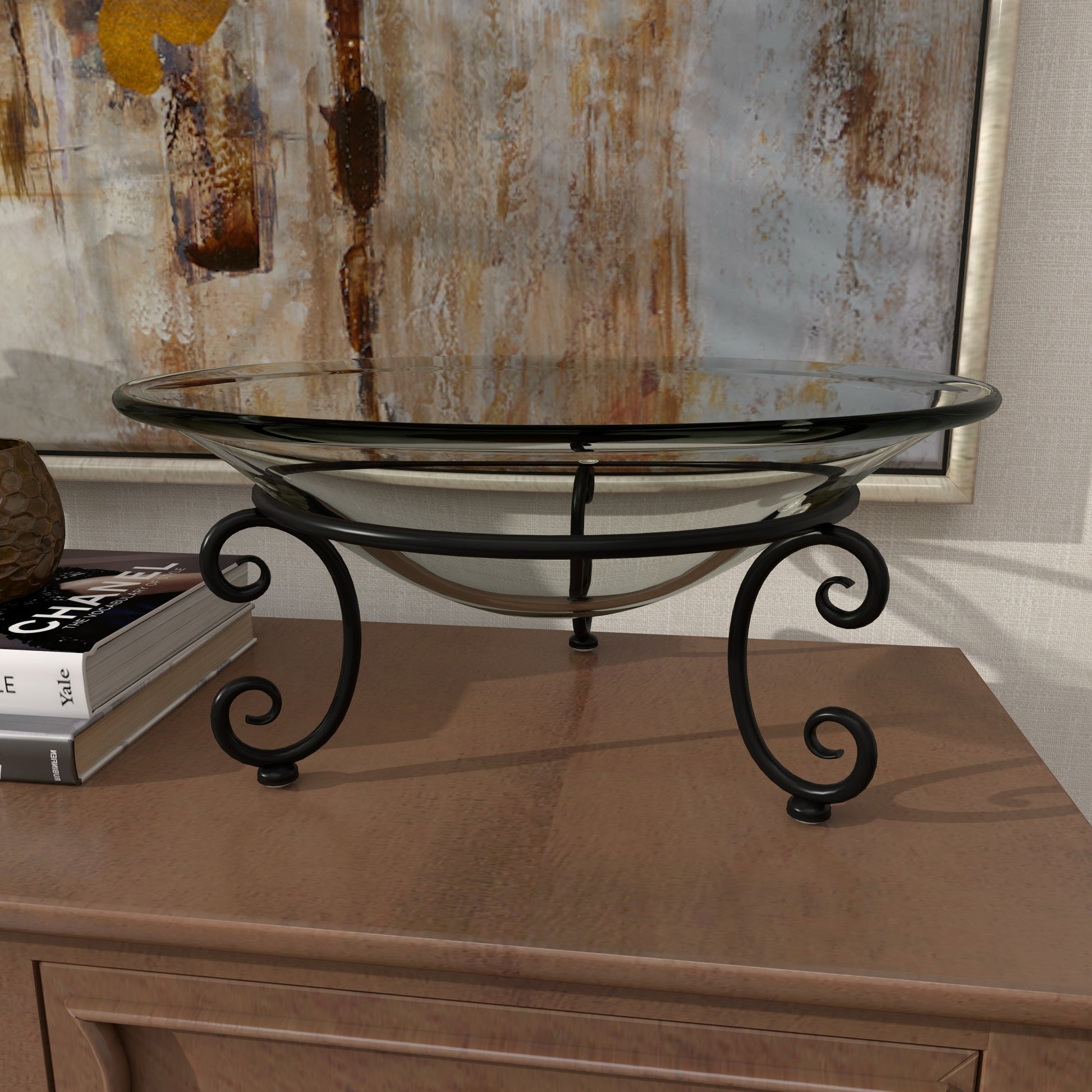 Kitchen Clear Tempered Glass Decorative Serving Bowl with Black Metal Scroll Stand