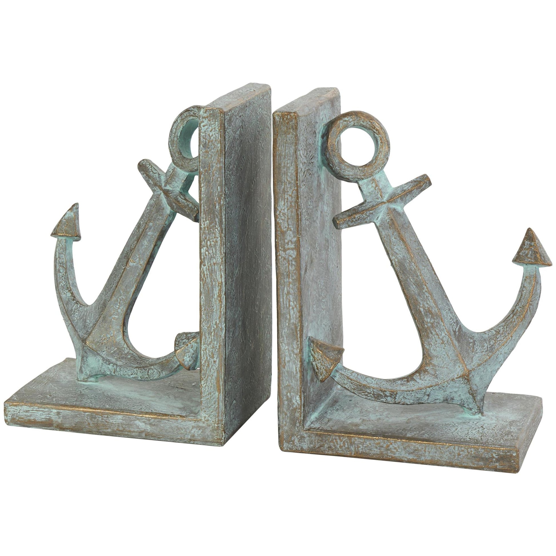 Set of 2 Anchor Blue Polyresin Distressed Patina Decorative Bookends with Gold Foil Accents