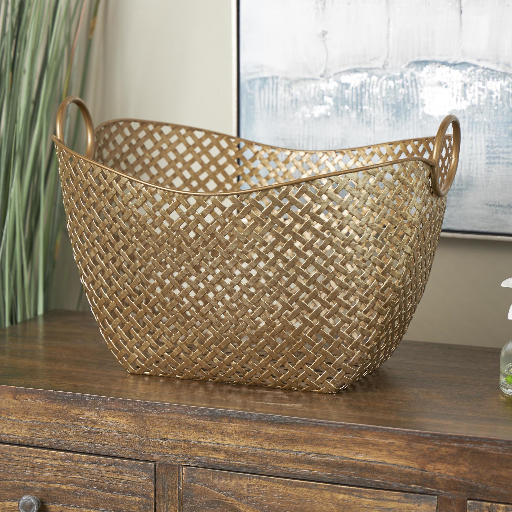 Geometric Gold Metal Cutout Woven Inspired Decorative and Functional Storage Basket with Ring Handles