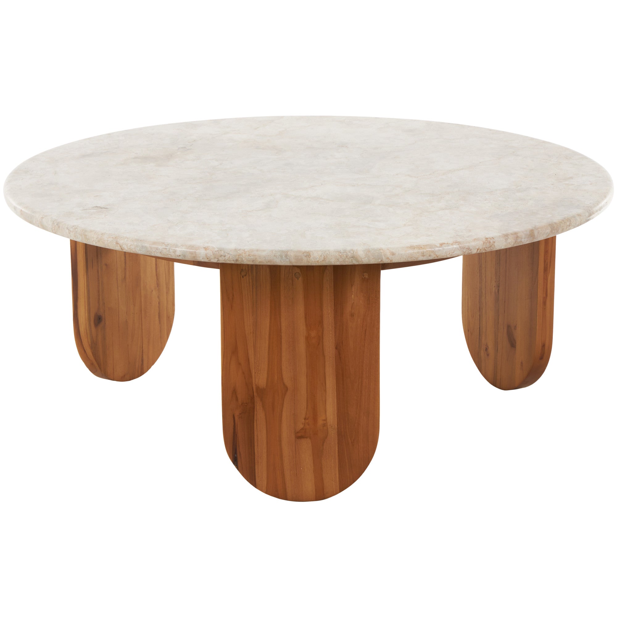 Brown Teak Wood Handmade Living Room Coffee Table with Beige Marble Tabletop