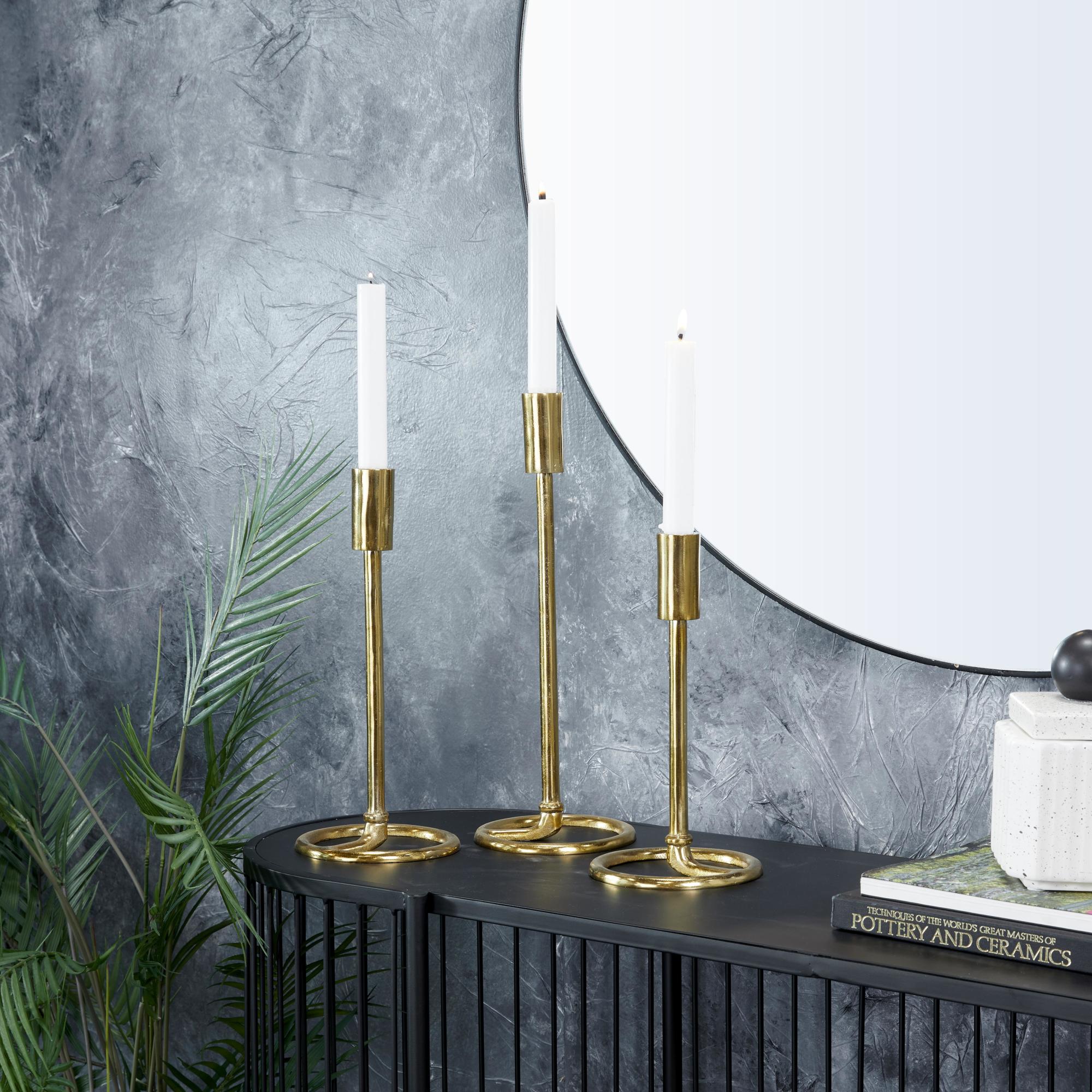 Set of 3 Gold Aluminum Metal Tapered Decorative Candle Holder with Ring Bases