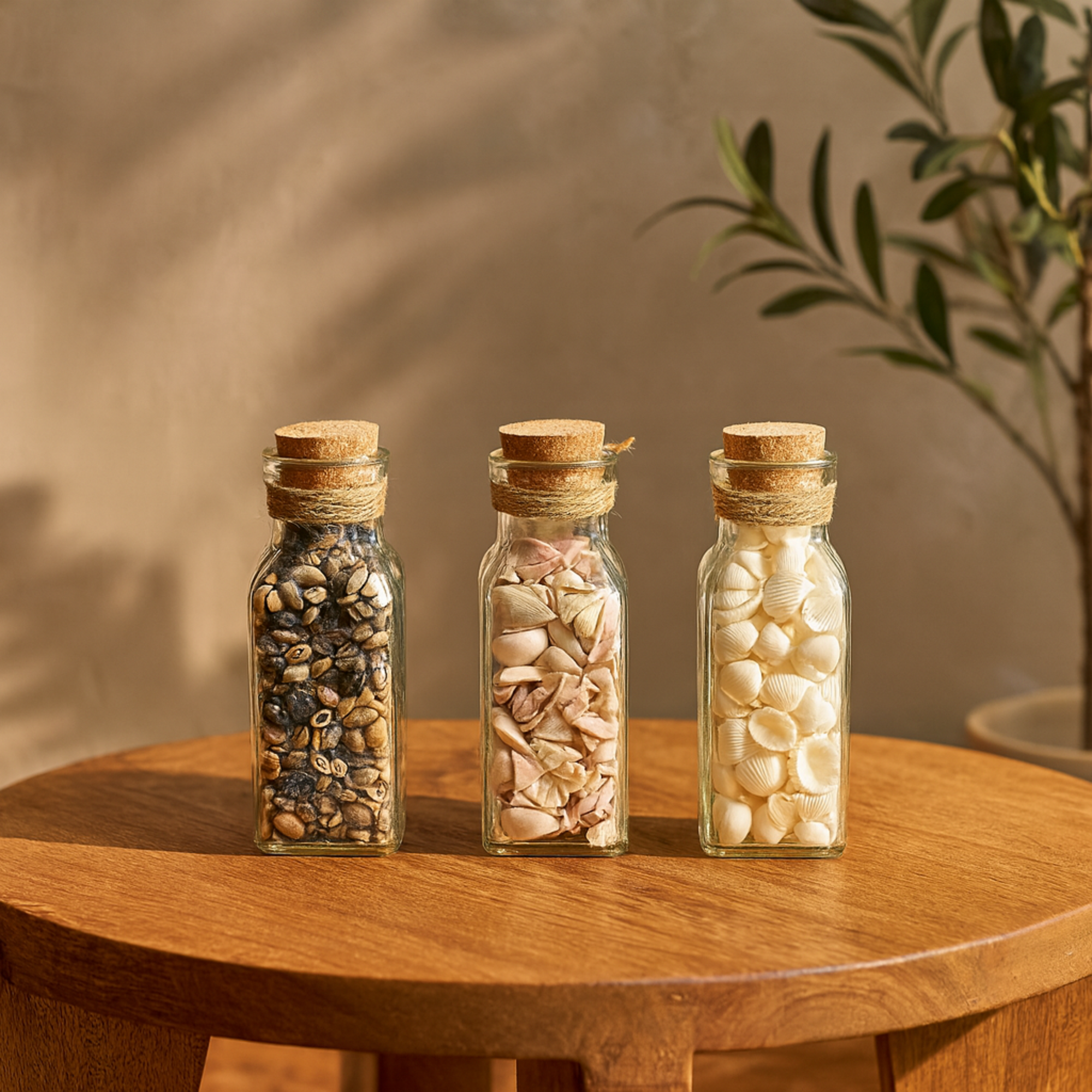 Set of 3 Clear Glass Decorative Orbs & Vase Filler with Seashells and Jute Rope Accents