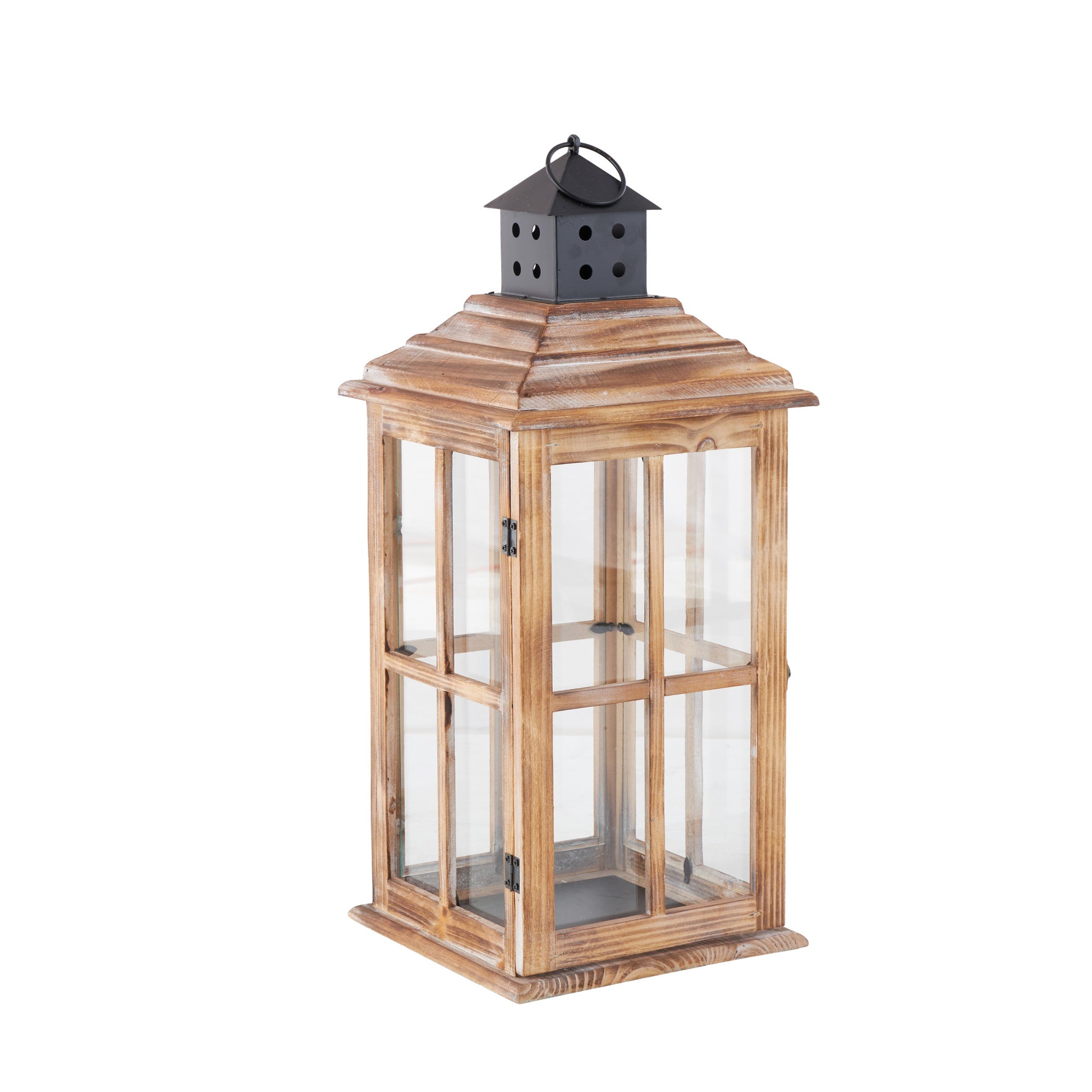 Wood Lighthouse Style Decorative Indoor Outdoor Candle Lantern with Black Ring Handle 9" x 9" x 22"