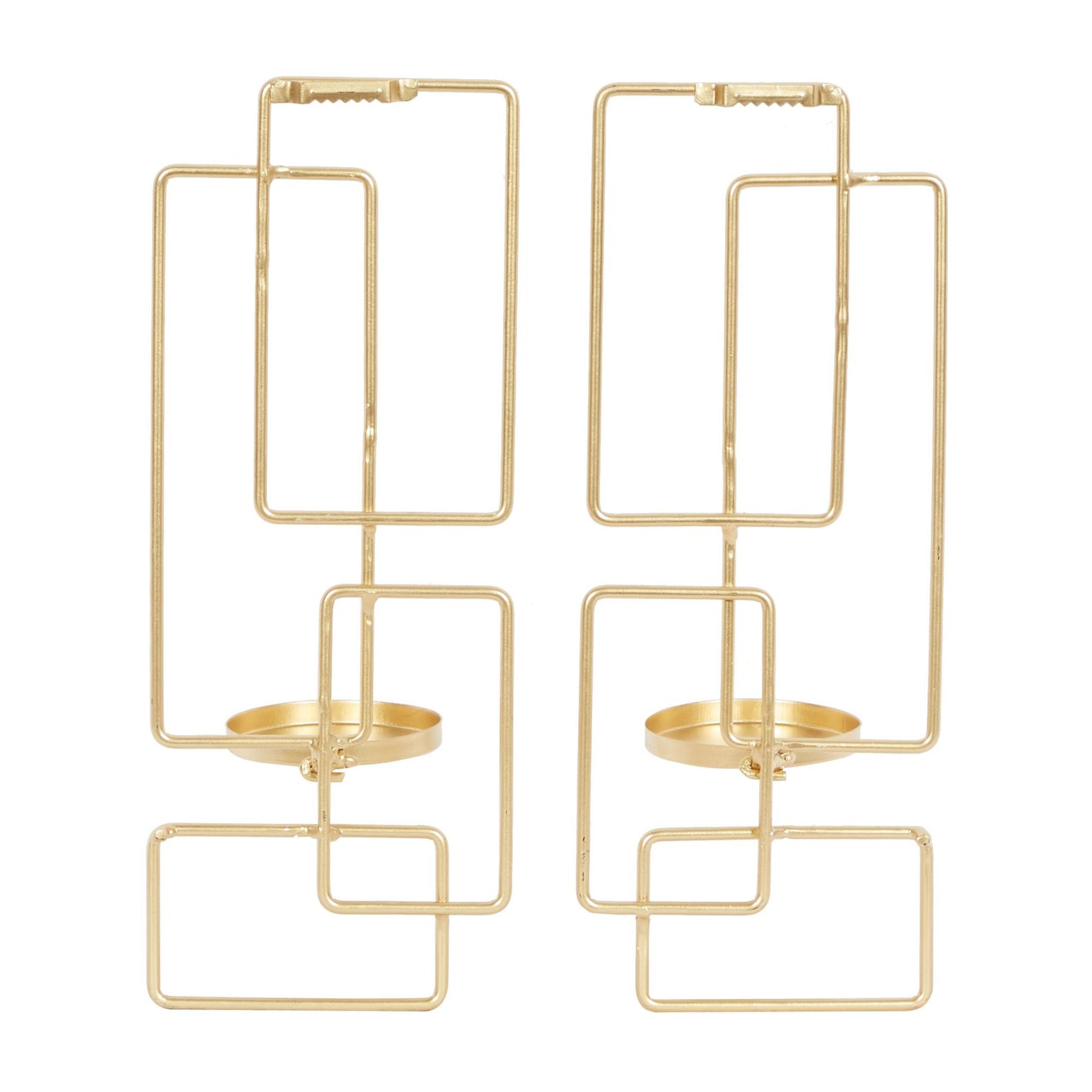 Set of 2 Geometric Gold Metal Tealight 2 Plate Indoor Outdoor Wall Sconce