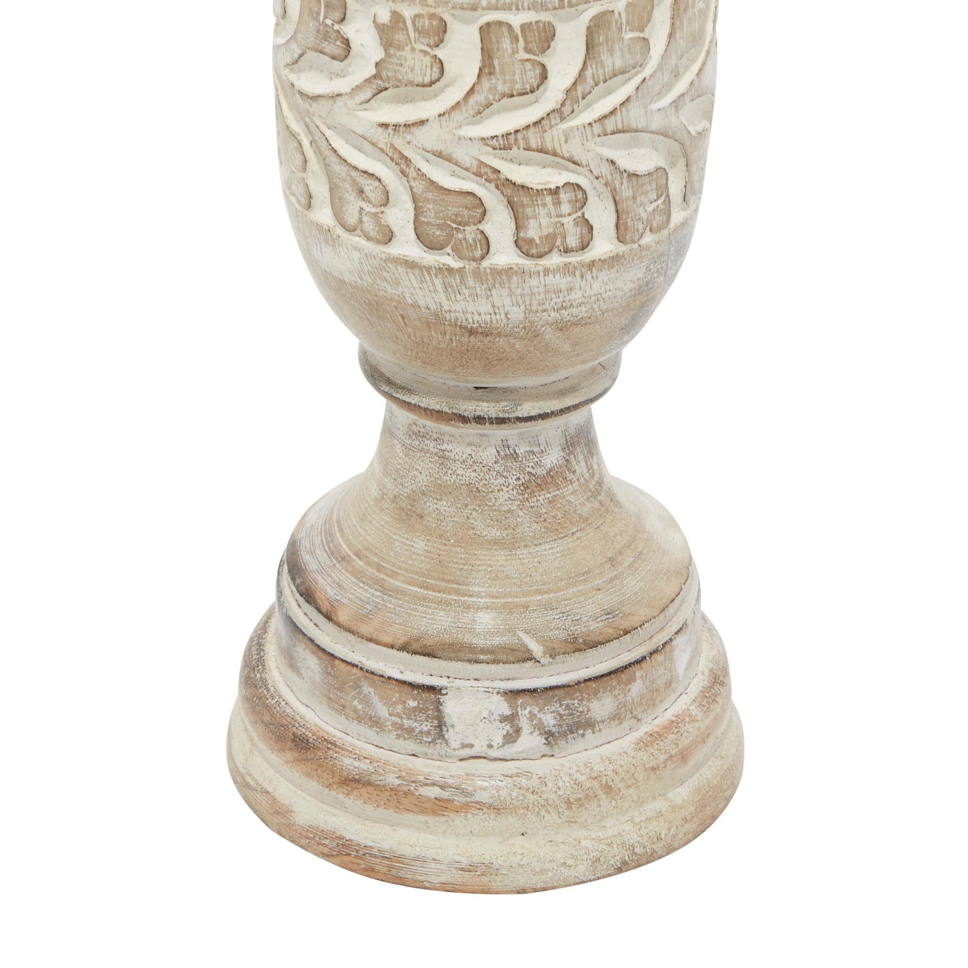 Set of 3 Floral Brown Mango Wood Handmade Whitewashed Turned Decorative Candle Holder