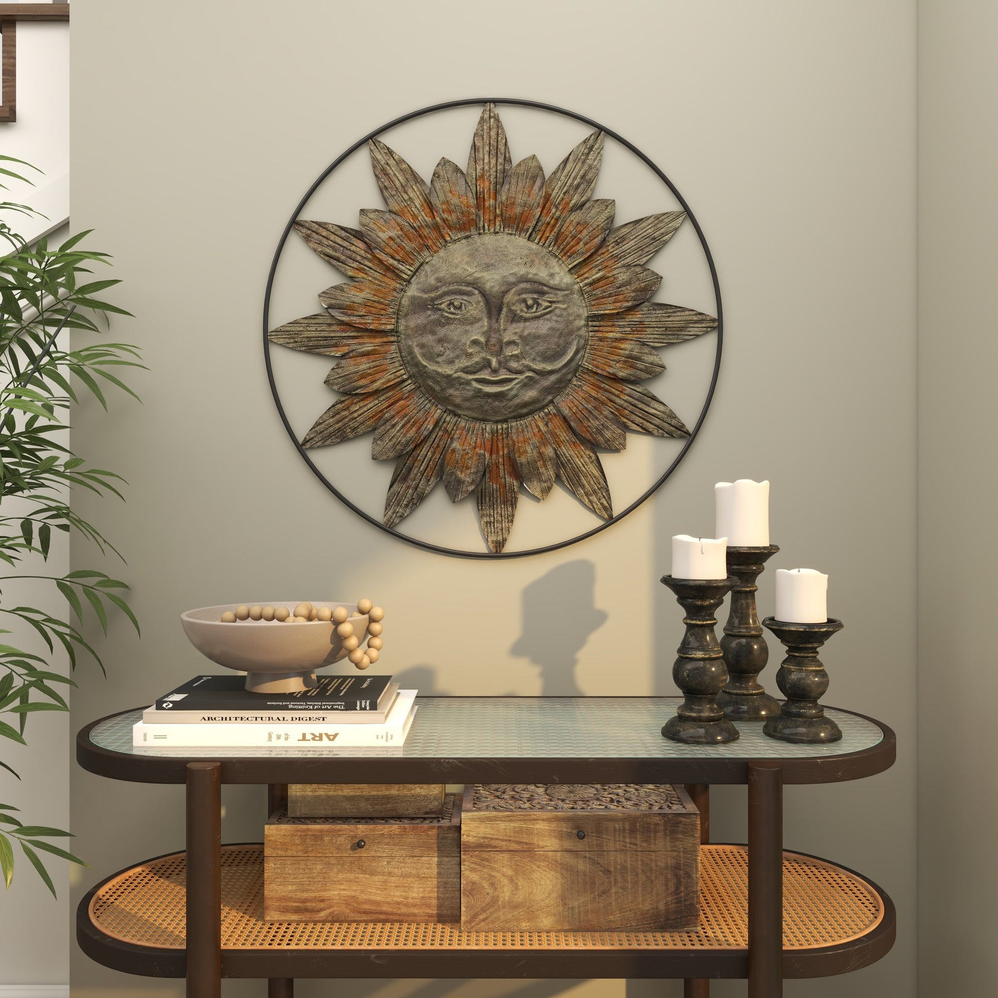 Sun Brown Metal Indoor Outdoor Home Wall Decor with Distressed Copper Like Finish