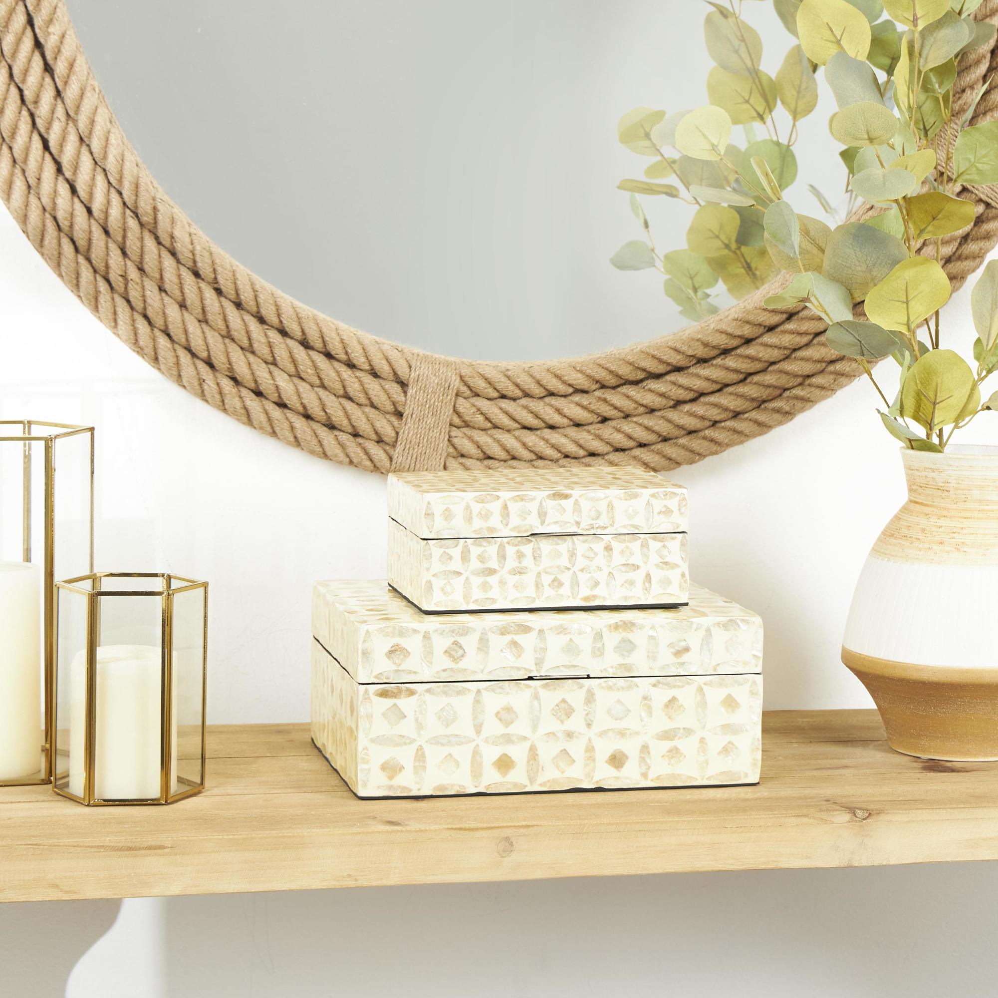 Set of 2 Moroccan Beige Mother of Pearl Shell Mosaic Storage Decorative Box with Taupe Accents