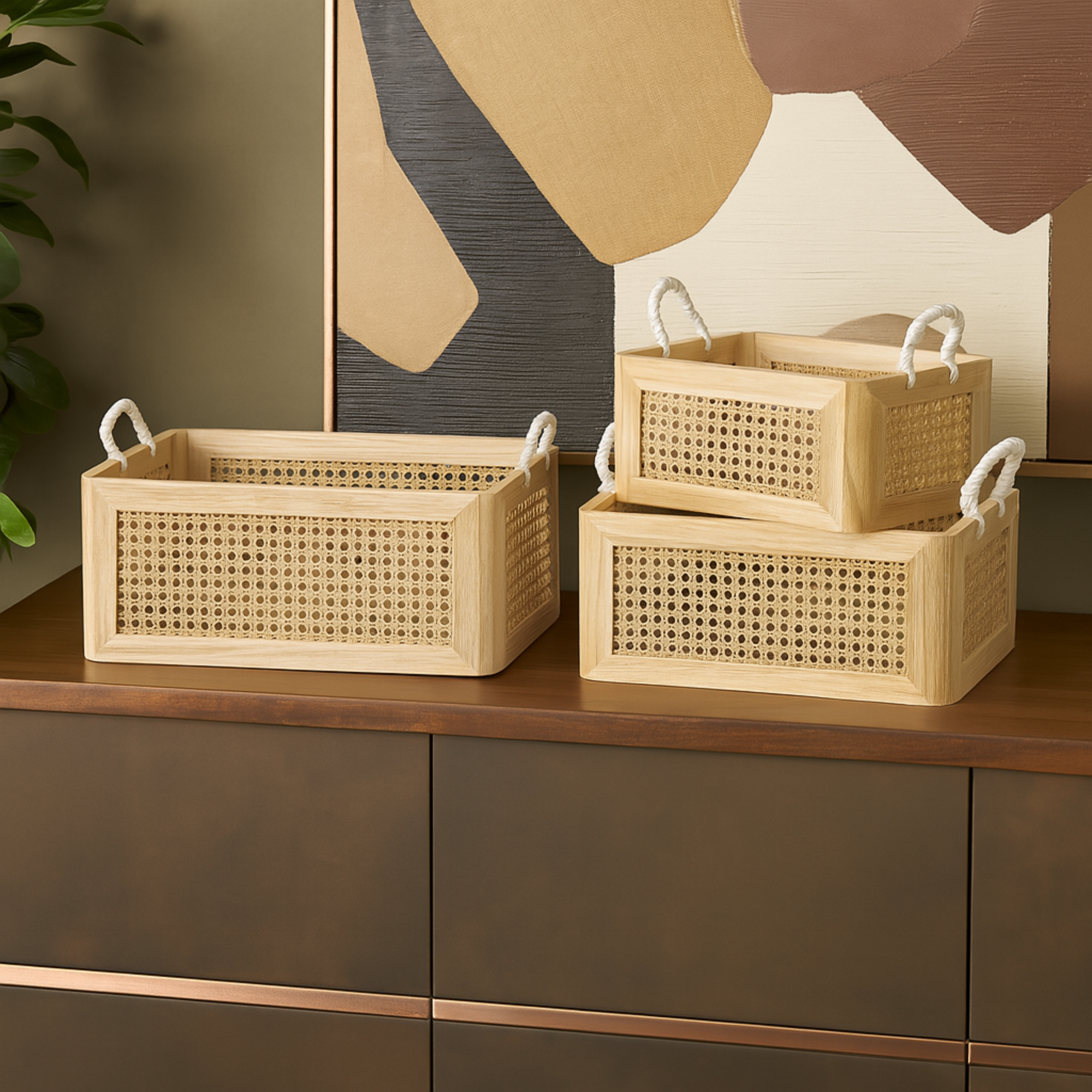 Set of 3 Brown Rattan Woven Decorative and Functional Storage Basket with Rope Handles