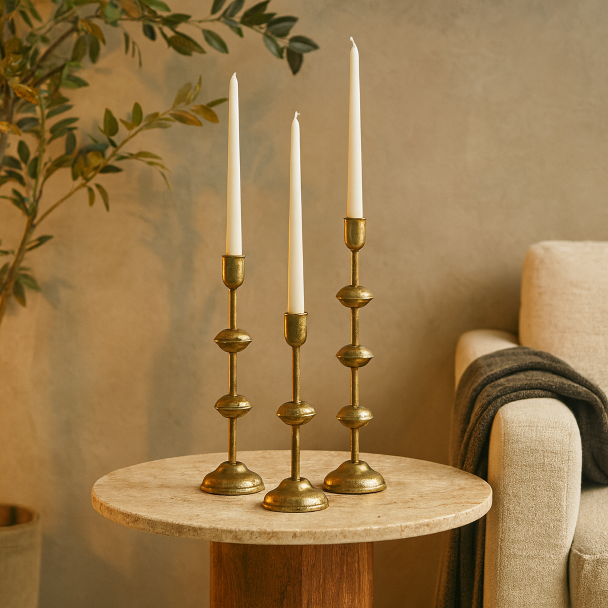Set of 3 Gold Metal Slim Decorative Candle Holder with Floating Spheres