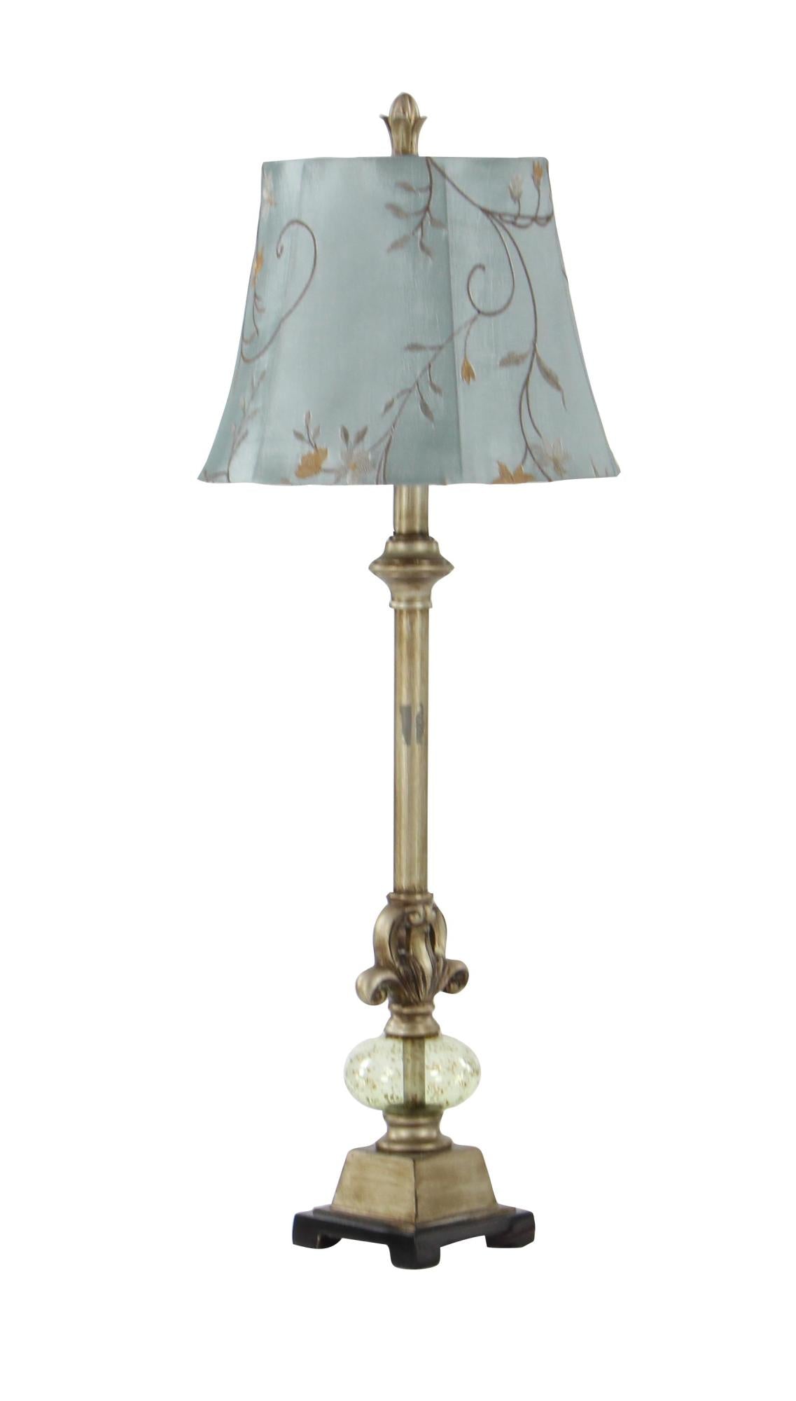 Floral Brass Polystone Antique Style Room Buffet Lamp with Tapered Shade