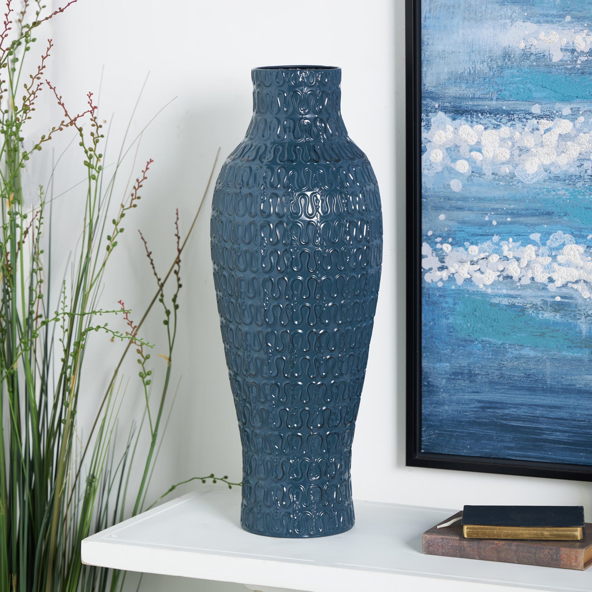 Dark Blue Metal Dimensional Textured Decorative Vase with Wavy Pattern