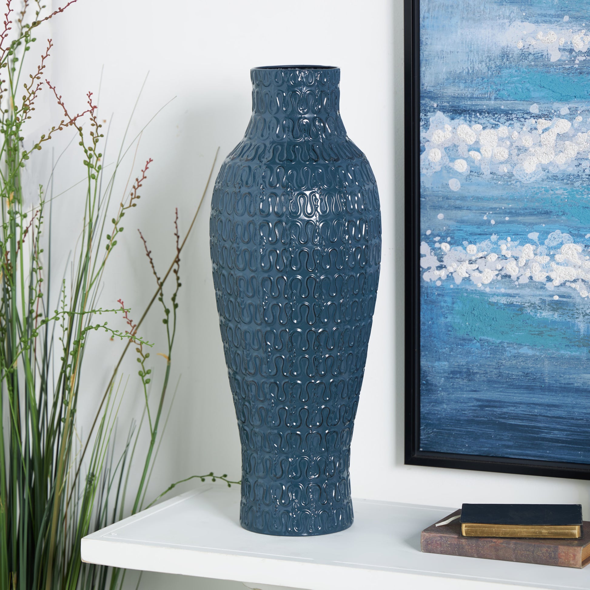 Dark Blue Metal Dimensional Textured Decorative Vase with Wavy Pattern