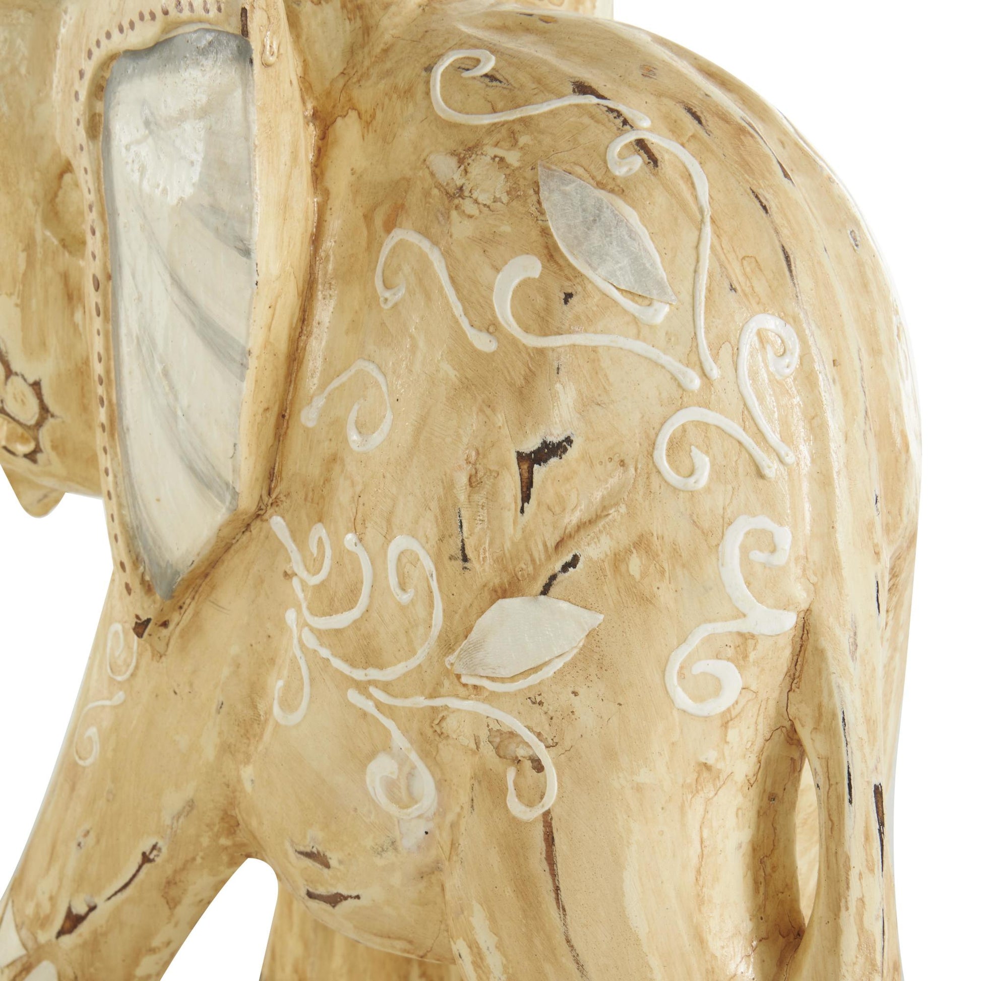 Set of 3 Elephant Light Brown Wood Handmade Decorative Sculpture with Scroll and Floral Patterns