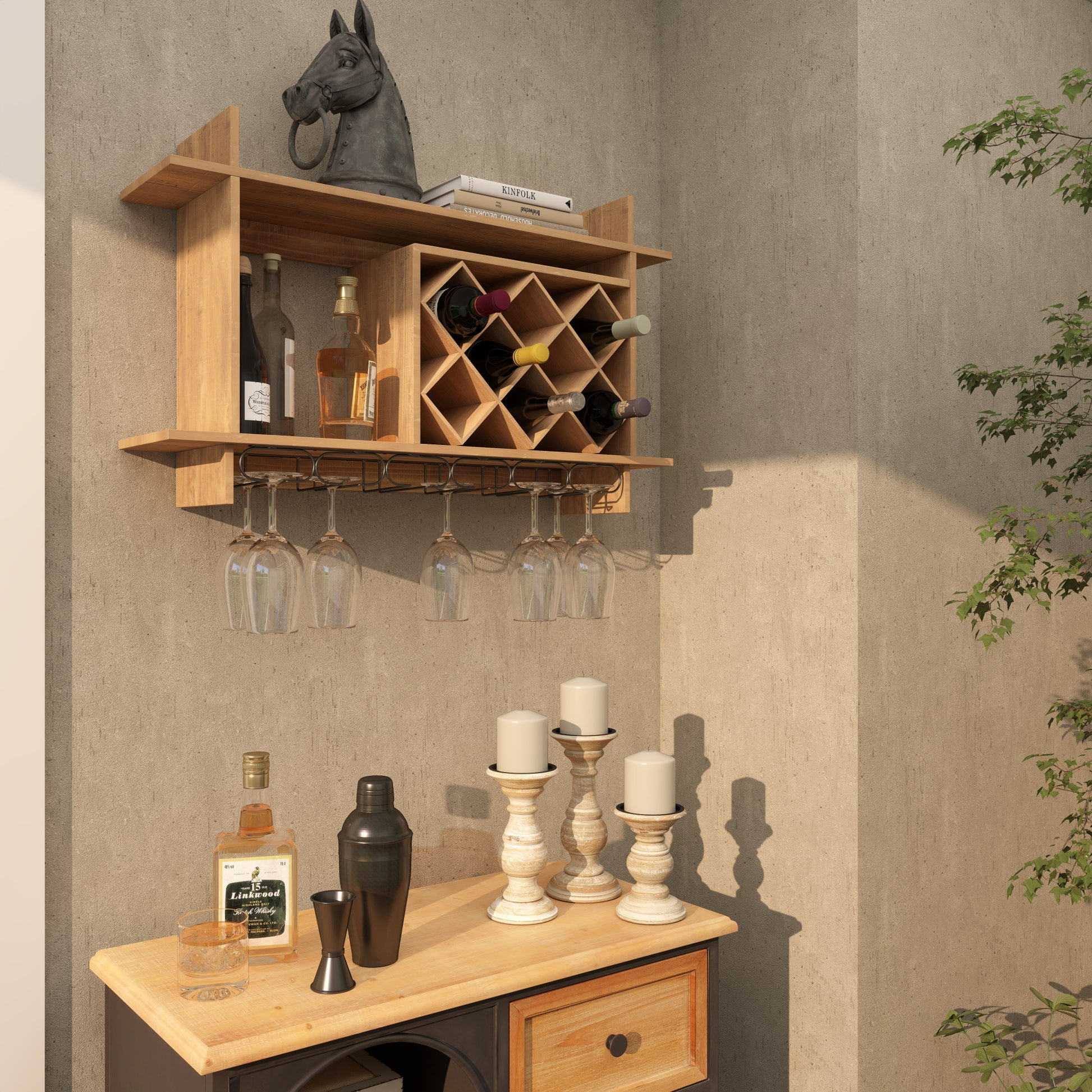 Geometric Brown Wood 8 Bottle Display Wall Wine Rack with 6 Glass Holder Slots