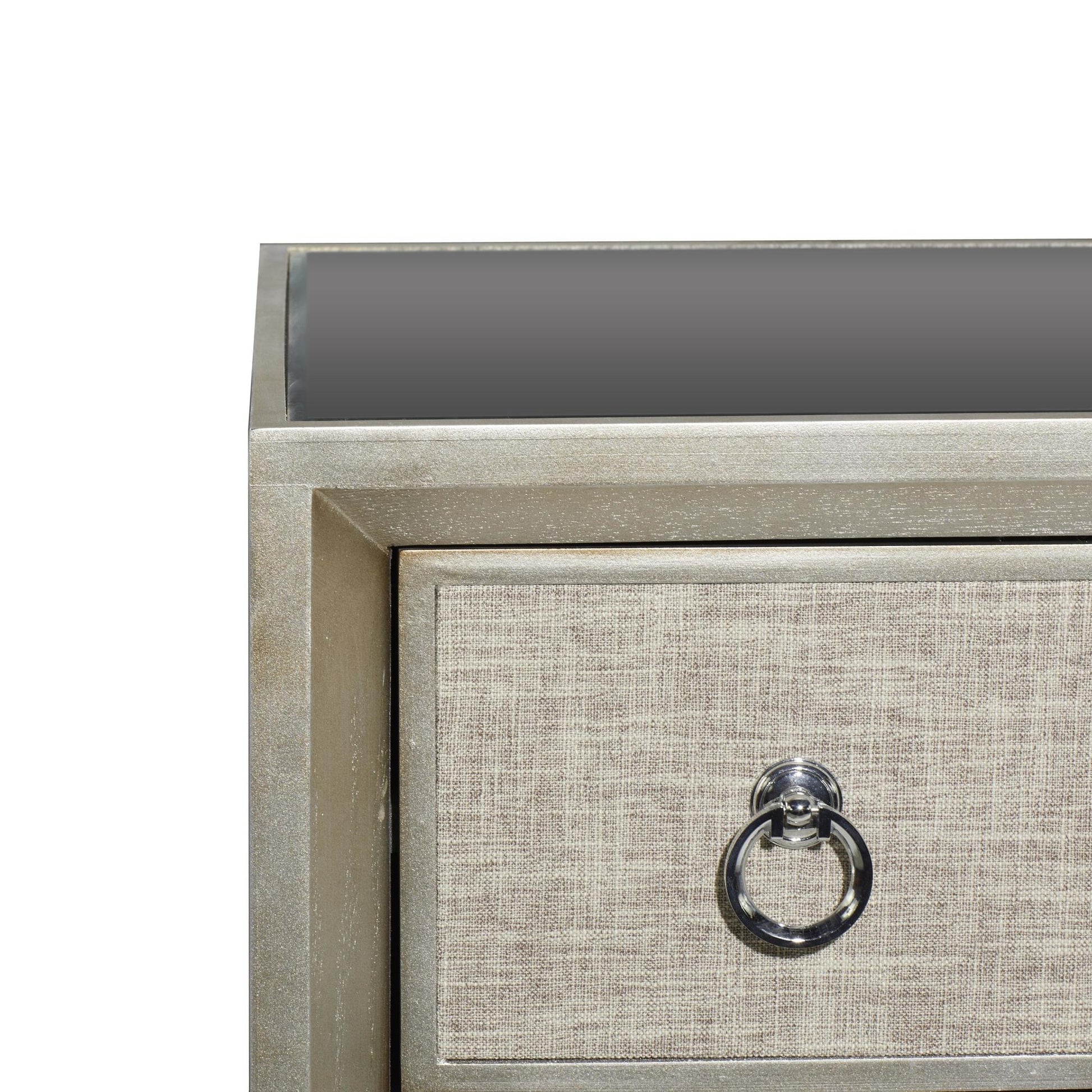 Beige Wooden Upholstered Front Panel 3 Drawer Room Chest with Mirrored Top and Ring Handles