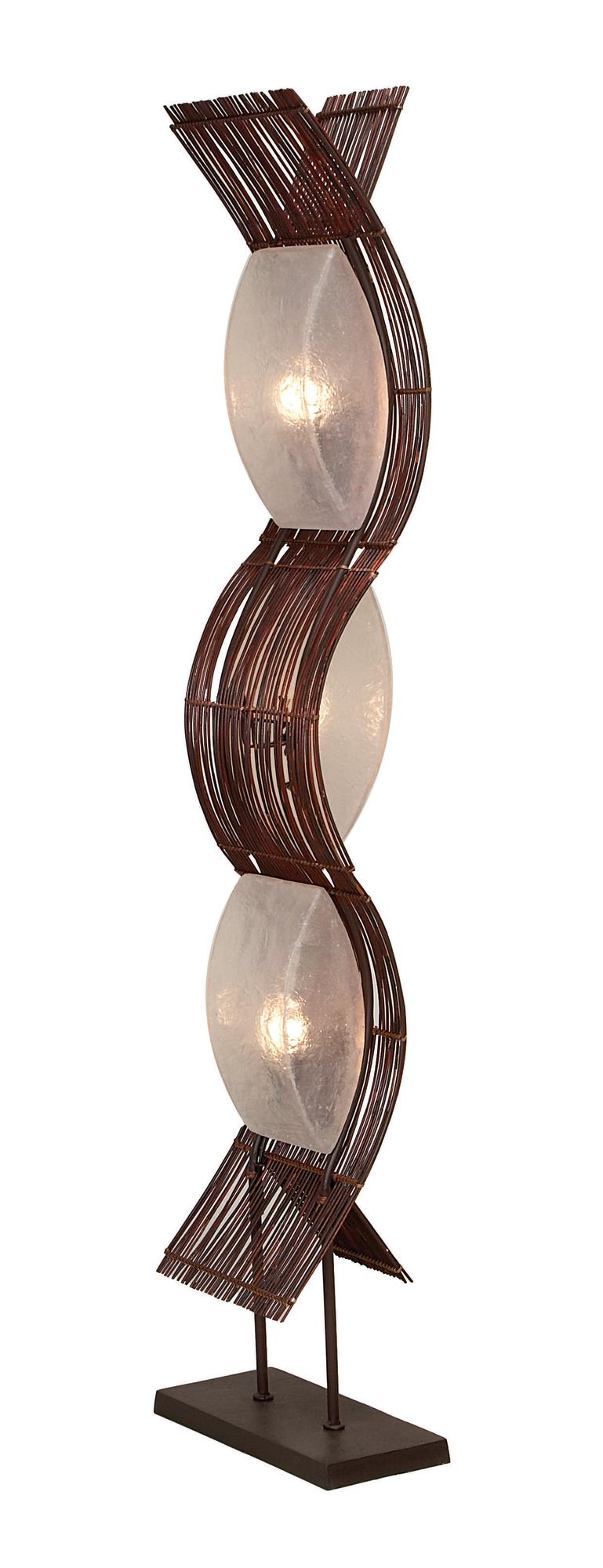 Tribal Brown Bamboo Wood Wavy Room Floor Lamp with Cream Lamp Shades