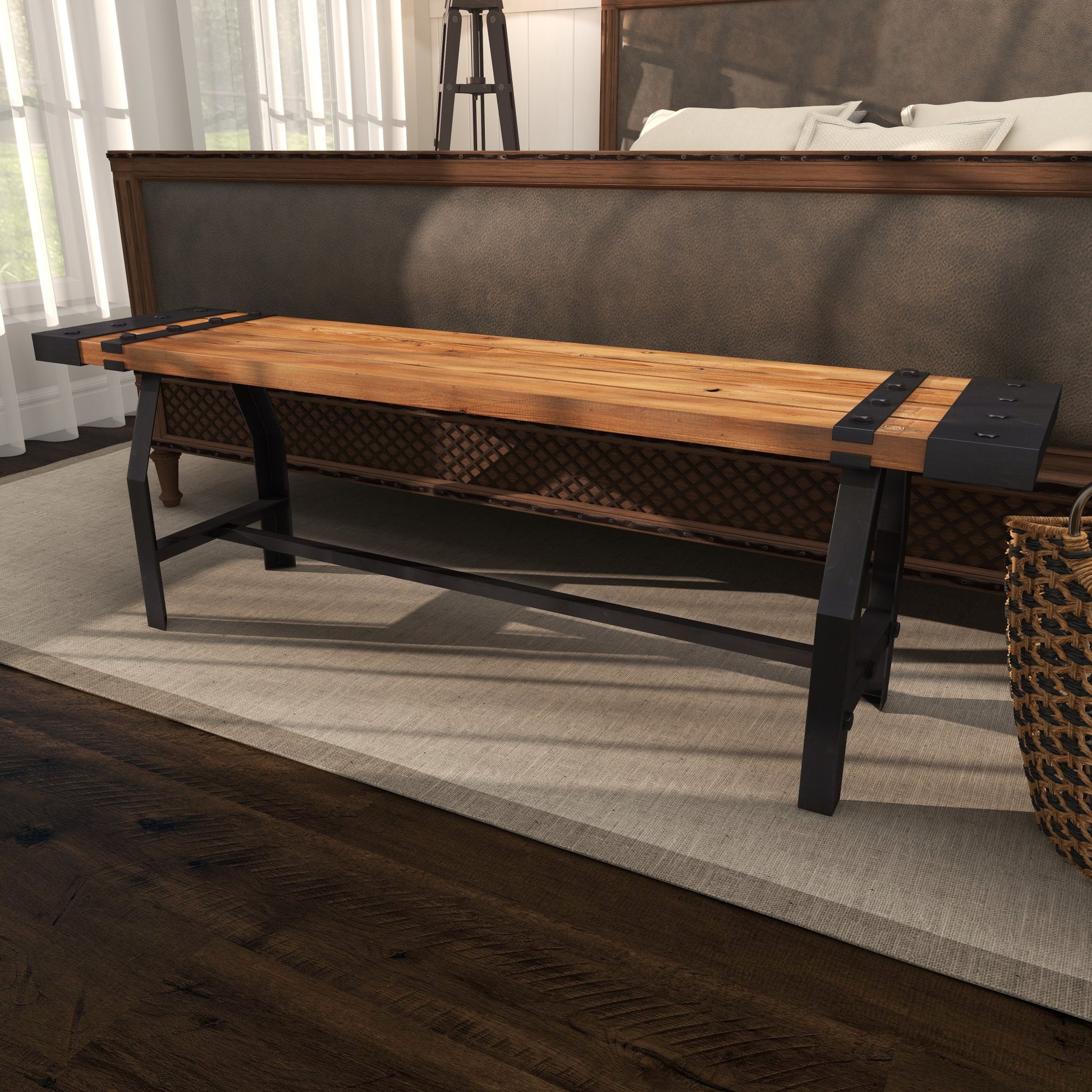 Brown Wood Slatted Home Bench with Black Metal Base and Studs