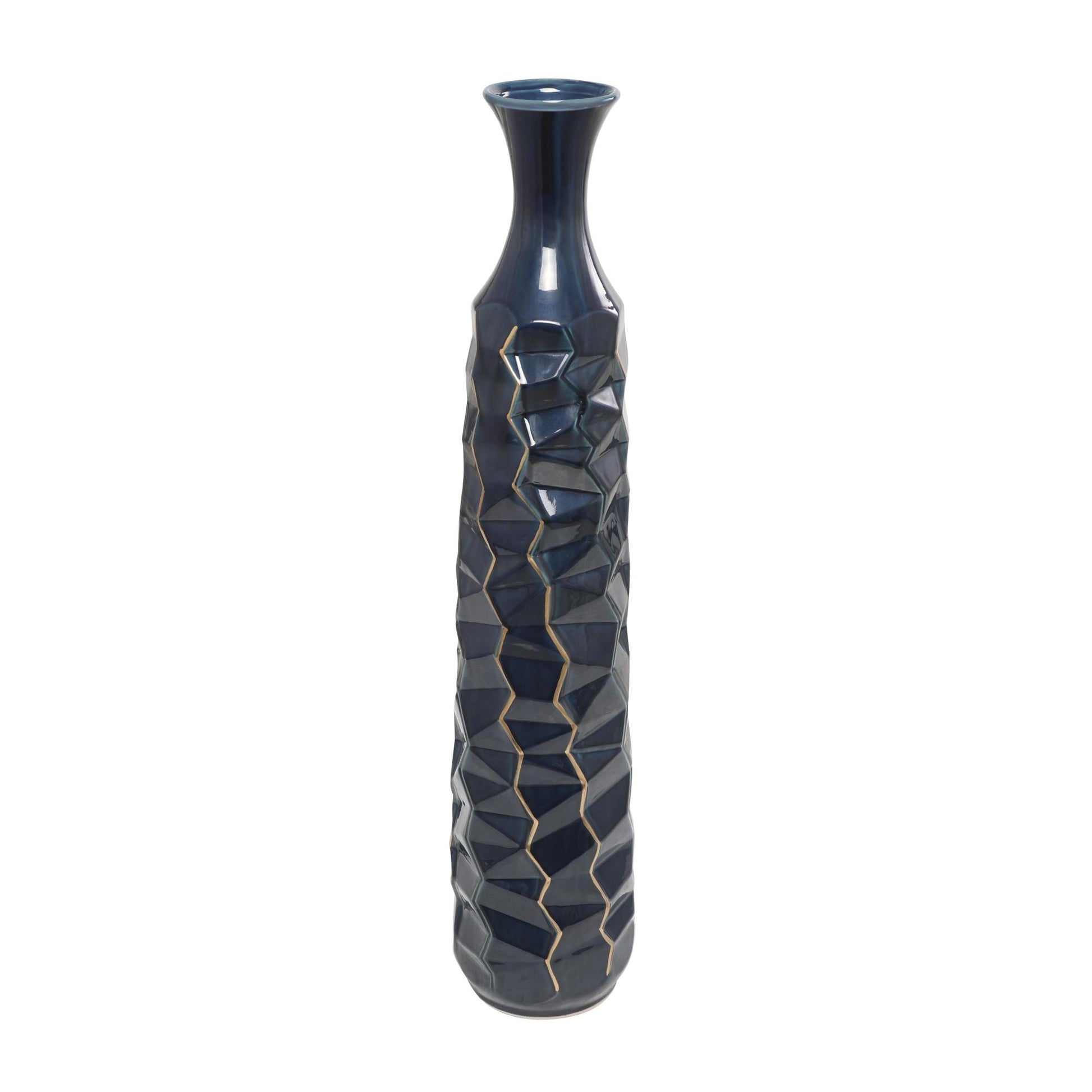 Teal Ceramic Geometric Floor Decorative Vase with Gold Accents