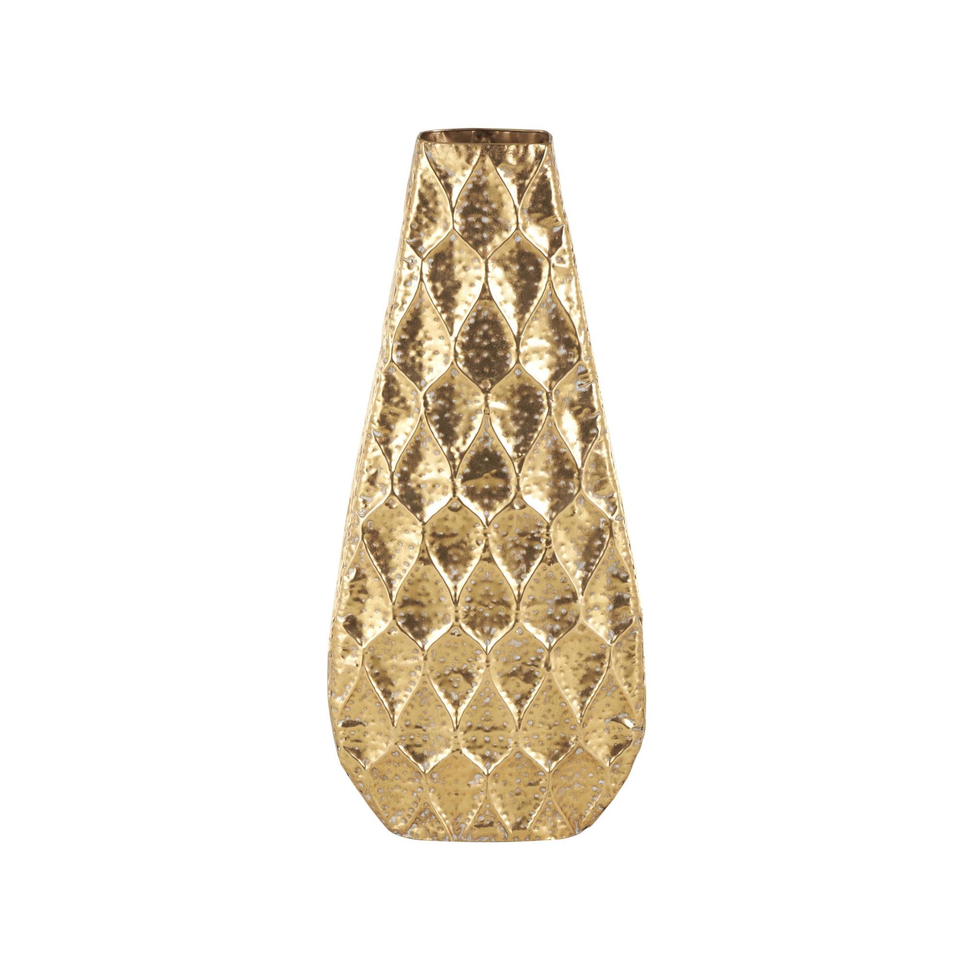 Gold Metal Textured Concaved Teardrop Decorative Vase with Peacock Inspired Design