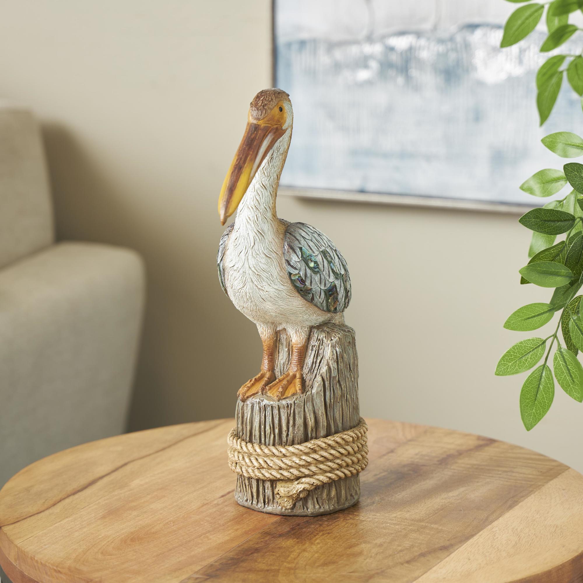 Pelican Teal Resin Textured Decorative Sculpture with Brown Block and Shiny Accents