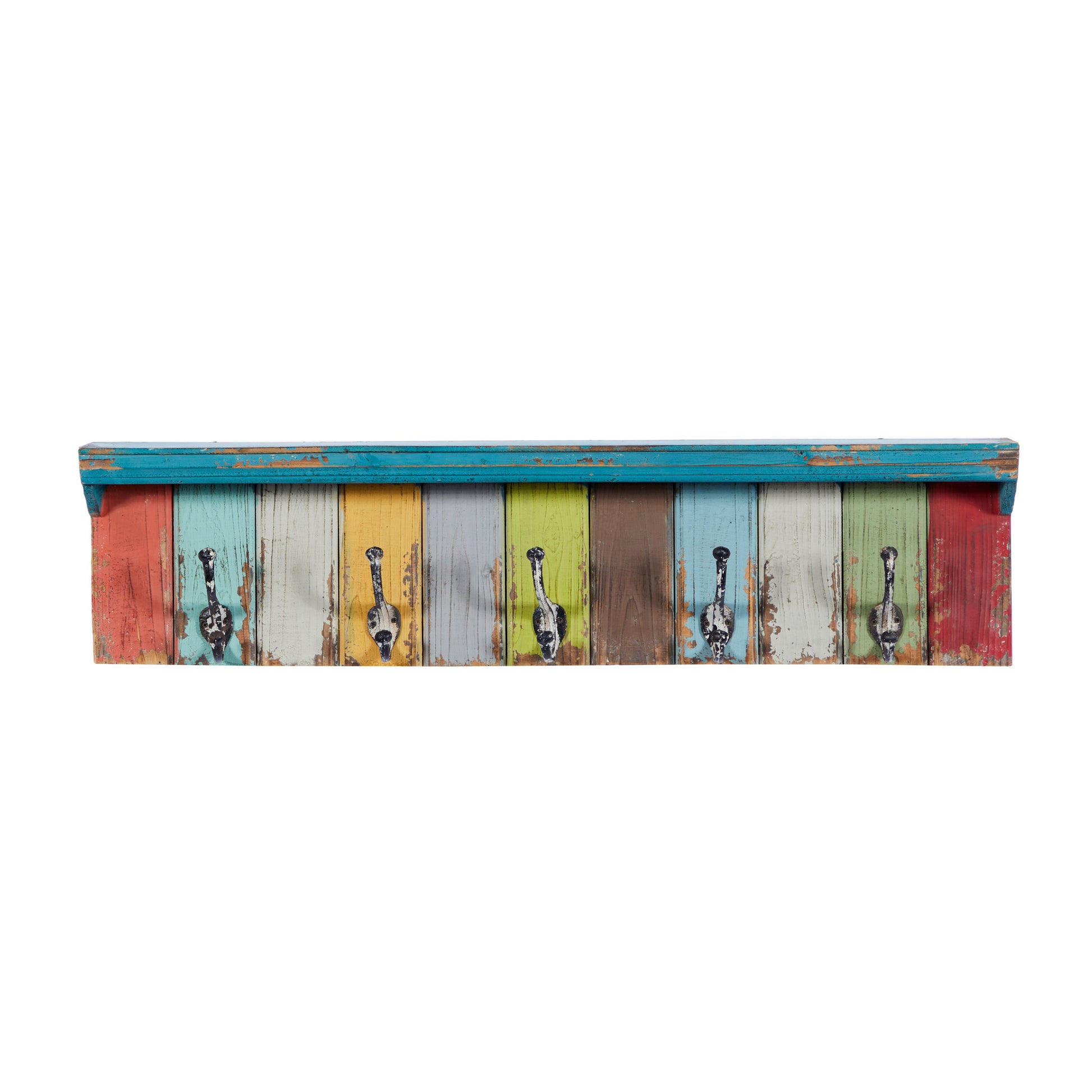 Multi Colored Wood Slatted Distressed Shelf 5 Hanger Home Wall Hook