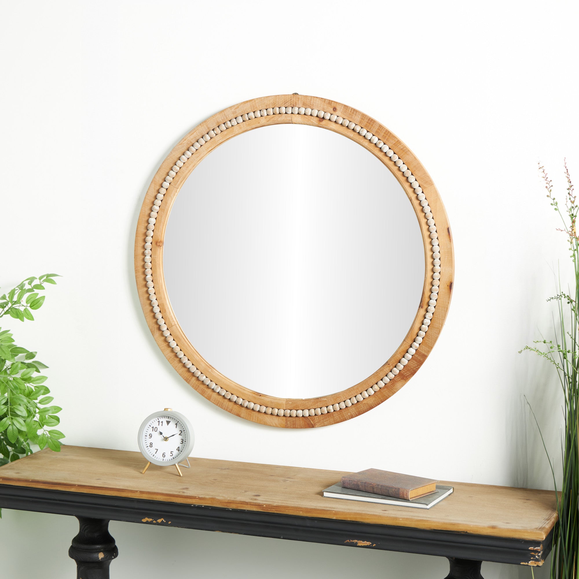 Wood Distressed Room Wall Mirror with Beaded Detailing 36" x 2" x 36"