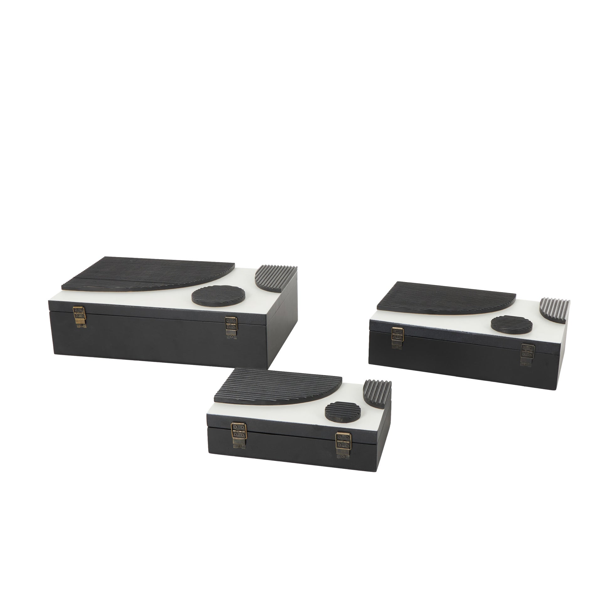 Set of 3 Black Wood Handmade Decorative Box with 3D Geometric Accents