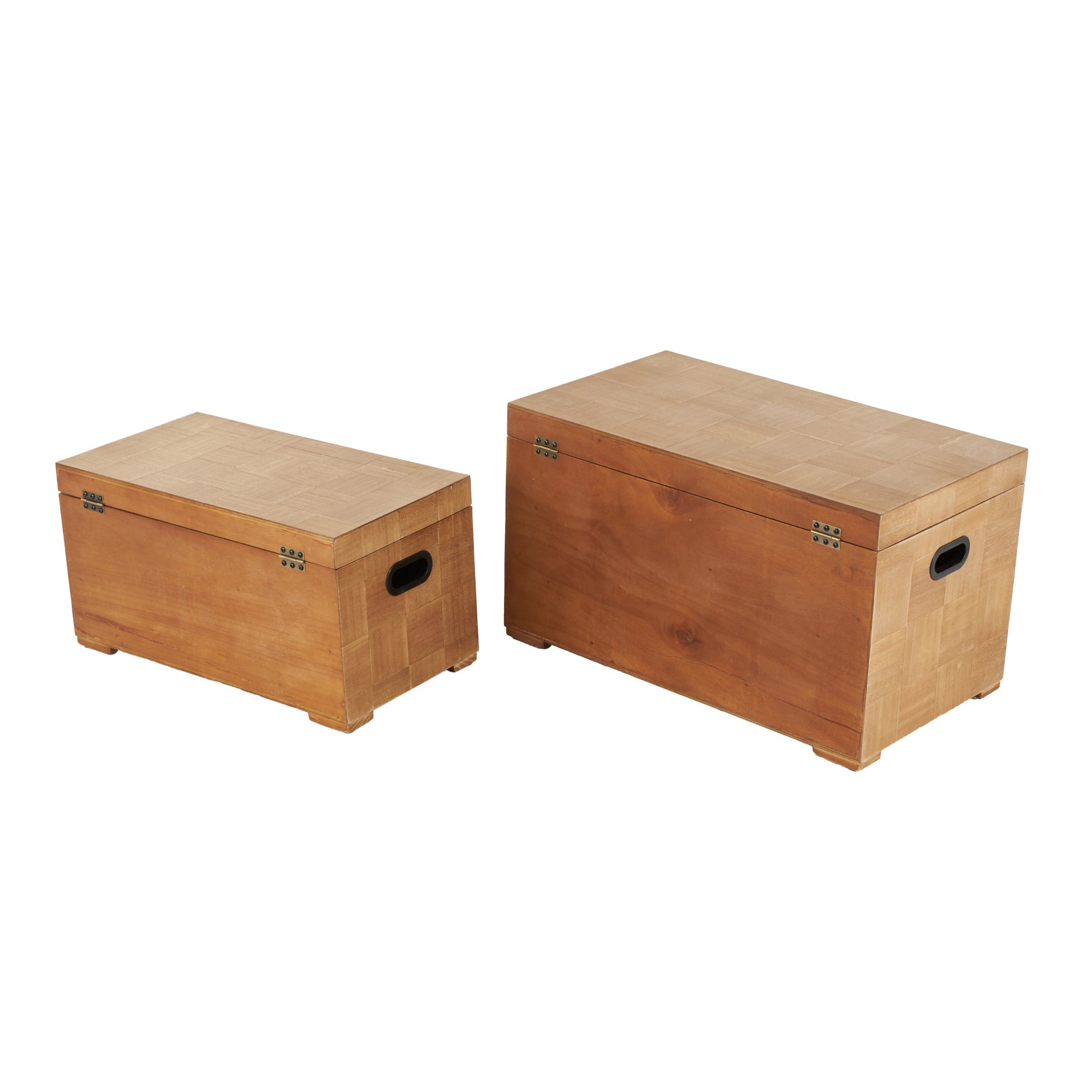 Set of 2 Brown Wood Handmade Decorative Trunk with Black Metal Accents and Square Patterns