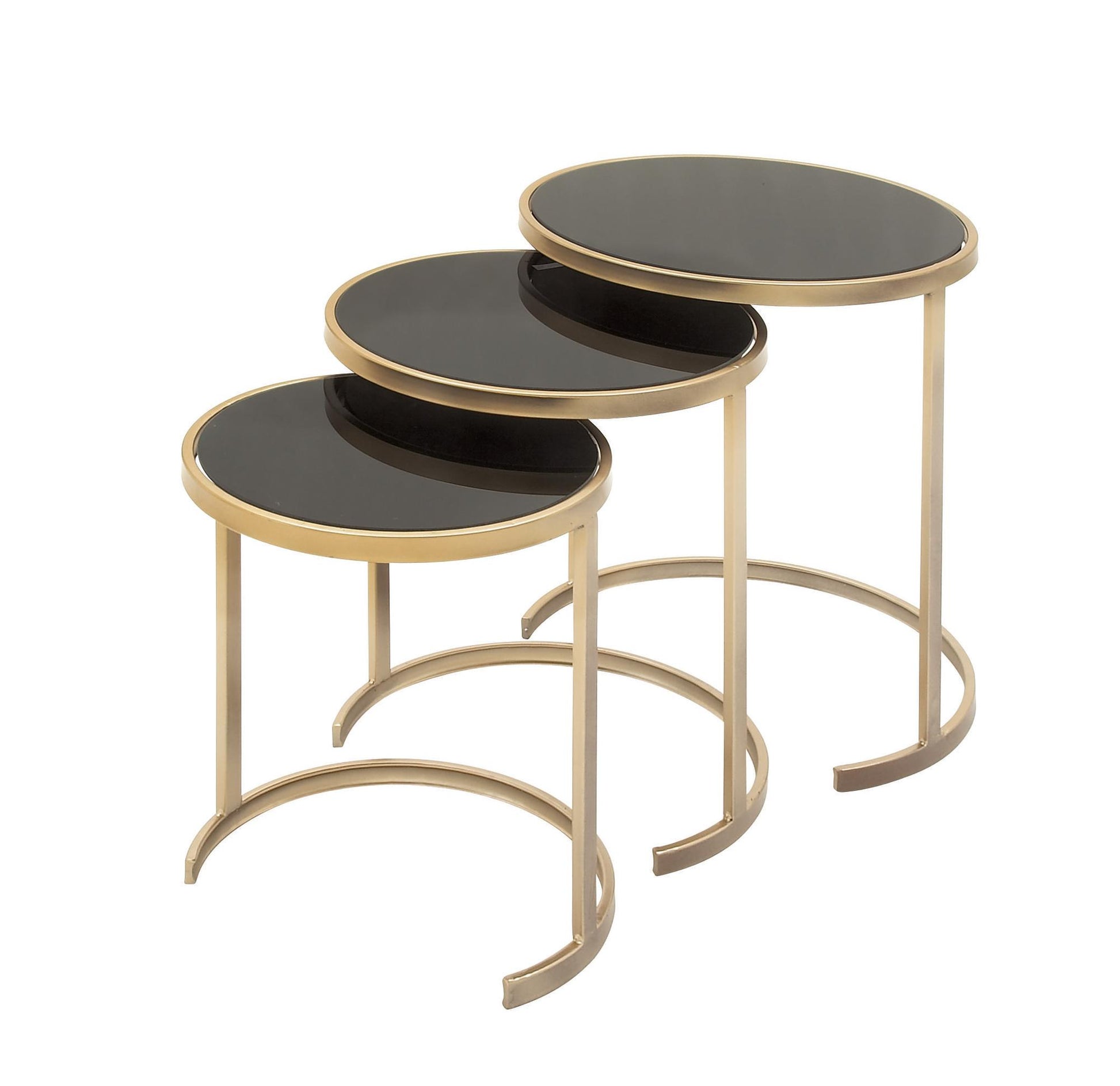 Set of 3 Metal Round Nesting Side End Accent Table with Black Glass Top
