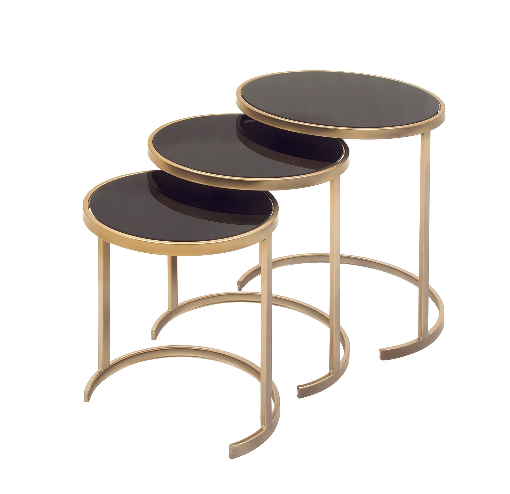 Set of 3 Metal Round Nesting Side End Accent Table with Black Glass Top