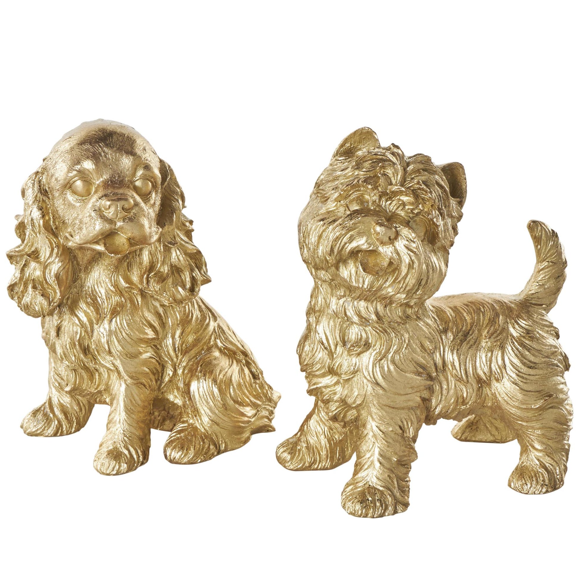 Set of 2 Dog Gold Polystone Sitting and Standing Decorative Sculpture