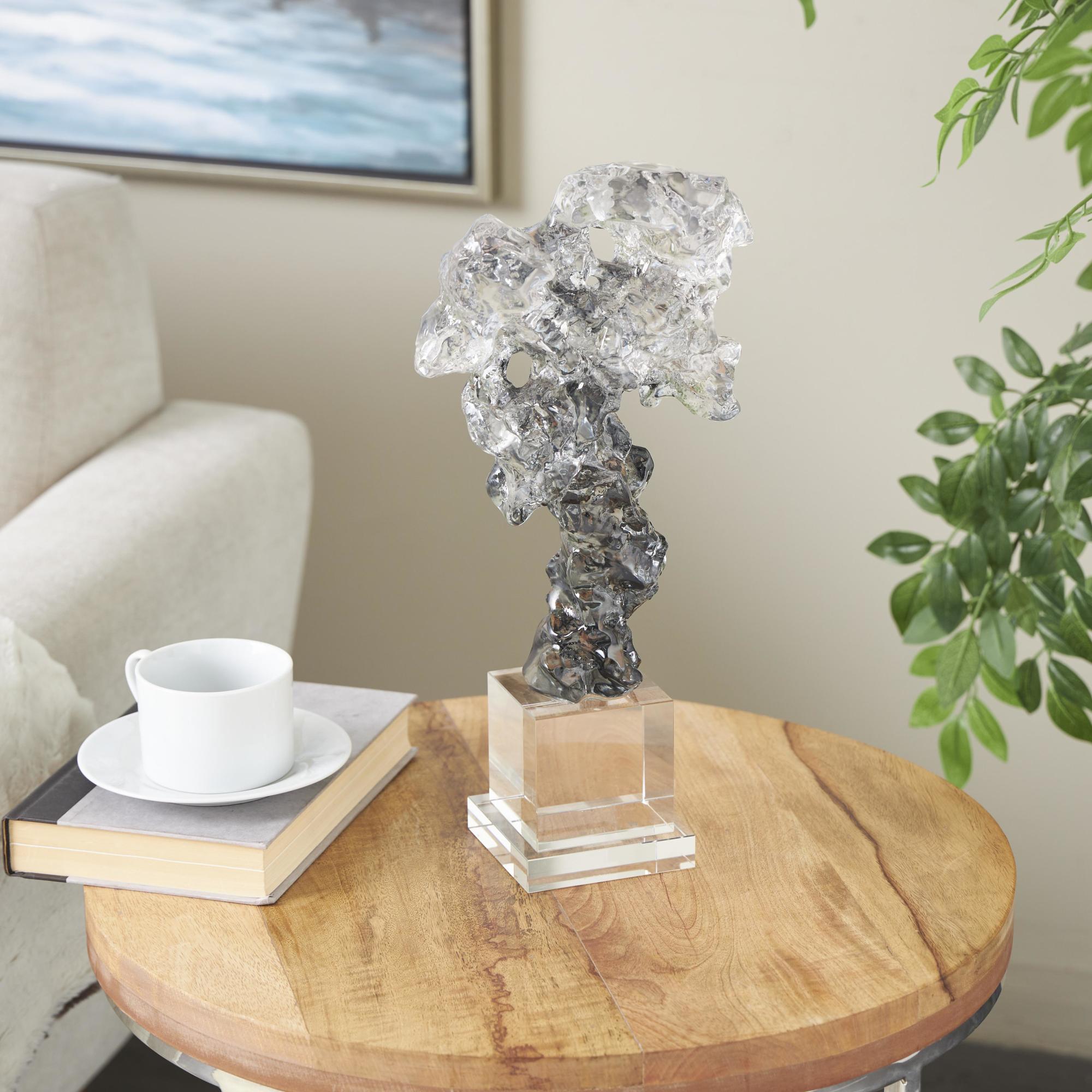 Abstract Clear Glass Handmade Freeform Decorative Sculpture with Clear Square Base