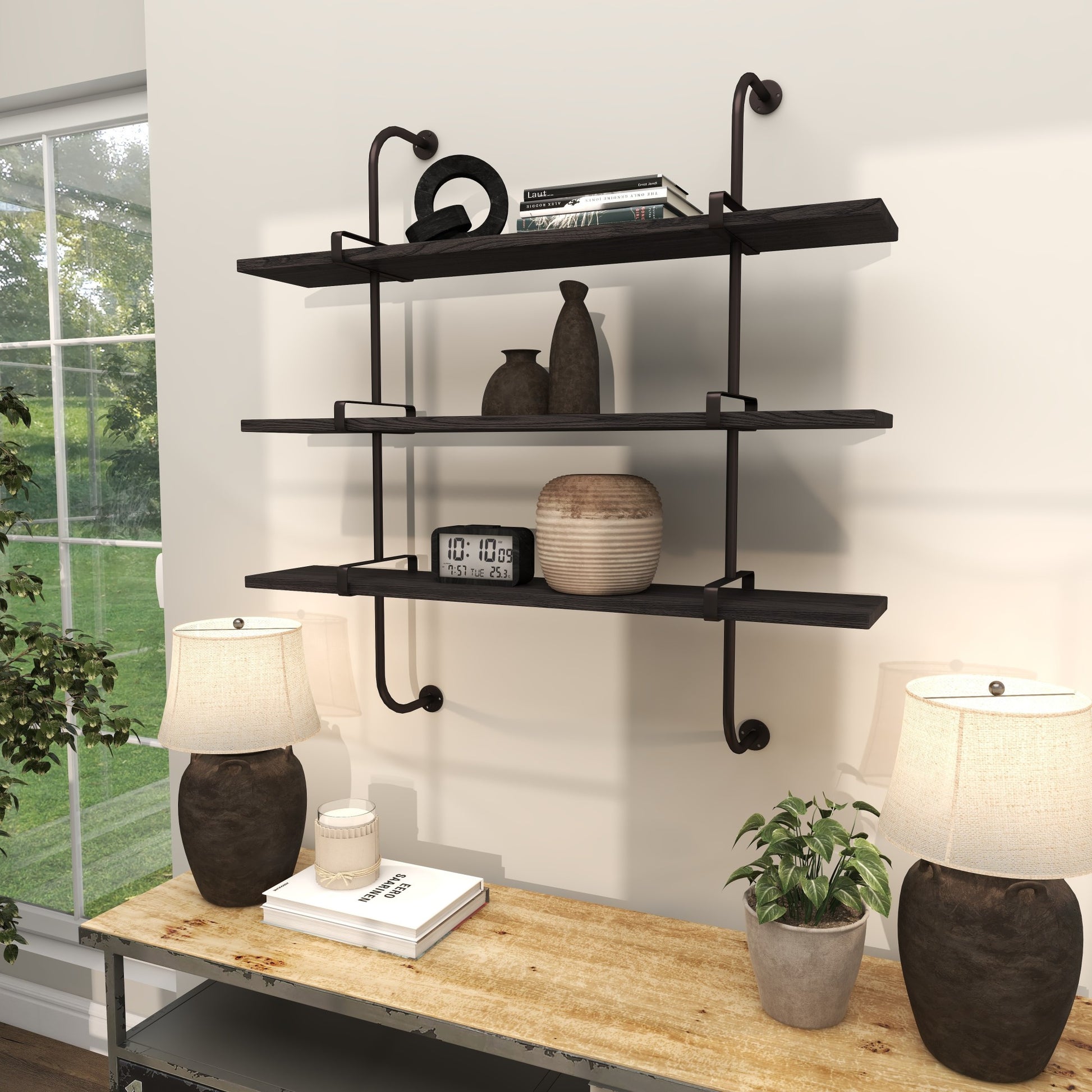 Wood 3 Shelf Room Wall Shelf with Black Metal Brackets 38" x 10" x 39"