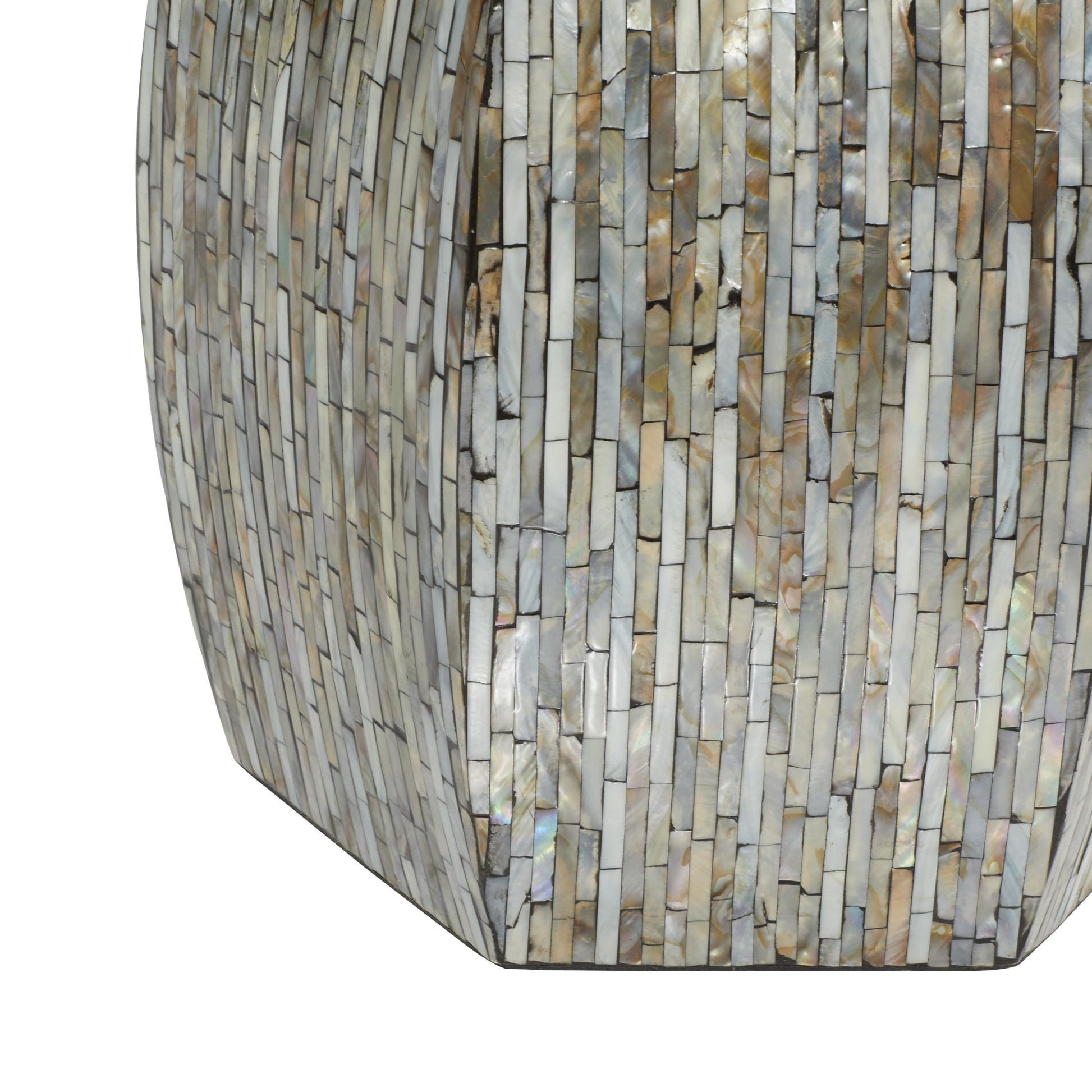 Geometric Gray Mother of Pearl Shell Handmade Shell Mosaic Hexagon Side End Accent Table with Brown Accents