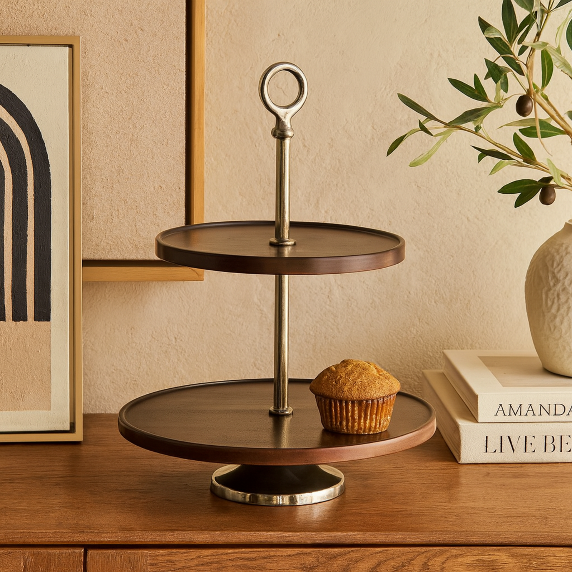 Mango Wood 2 Level Decorative Tiered Server with Silver Aluminum Cone Base