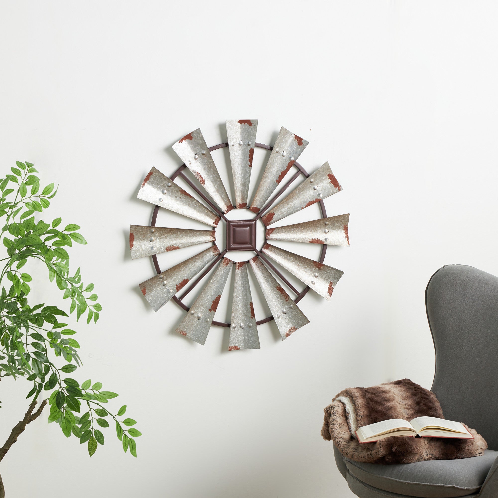 Windmill Silver Metal Distressed Galvanized Home Wall Decor with Rust Frame