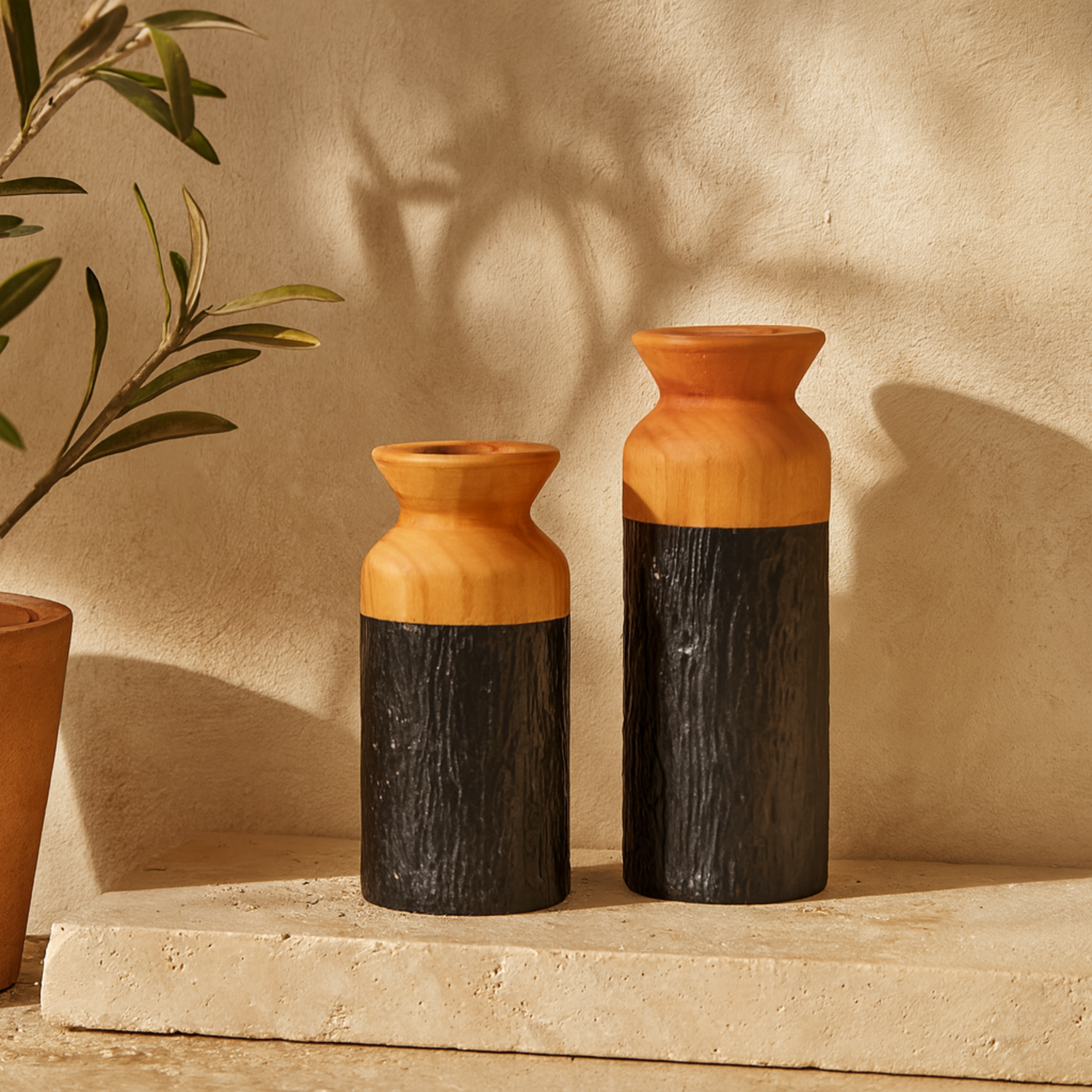 Set of 2 Metal Abstract Textured Color Block Decorative Vase with Brown Wood Tops