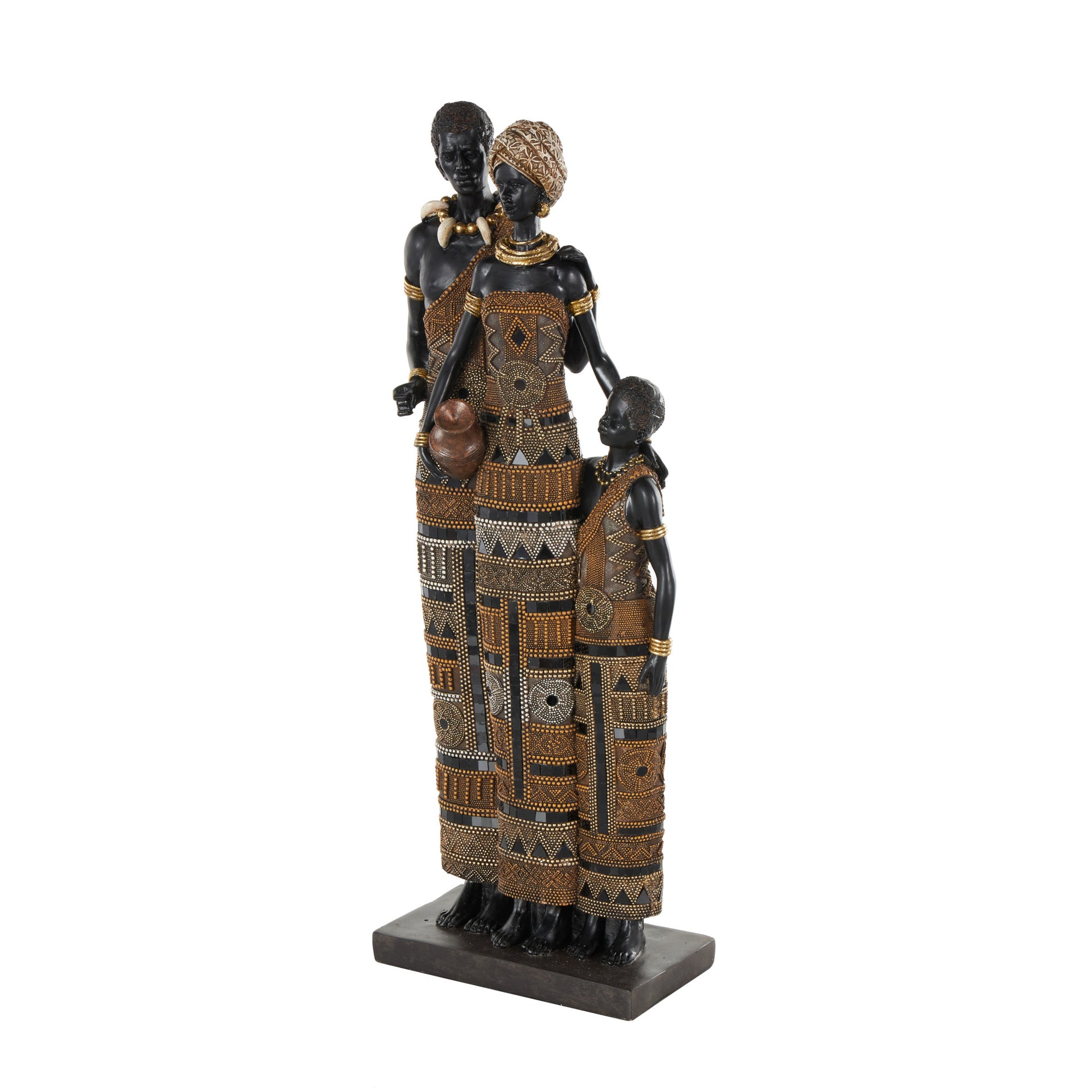 Family Black Resin Tall African Decorative Sculpture with Gold Jewels