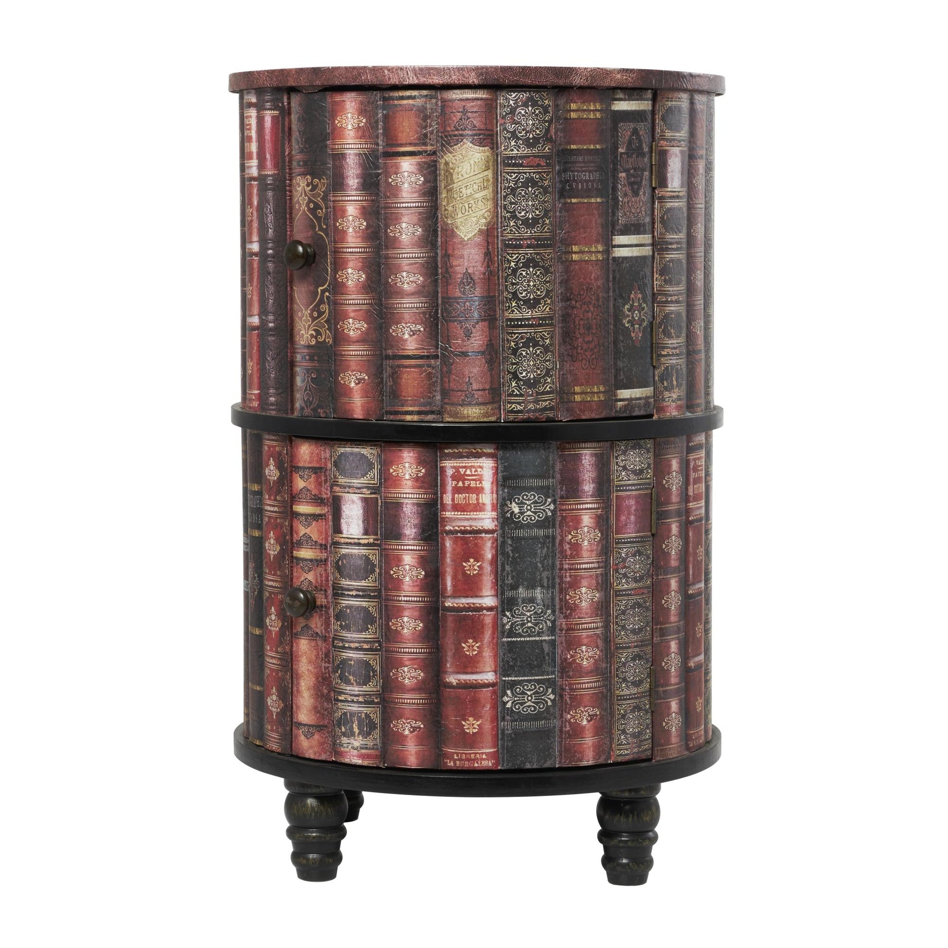 Red Faux Leather Circular Storage 2 Door Room Cabinet with Stacked Book Design and Scroll Details