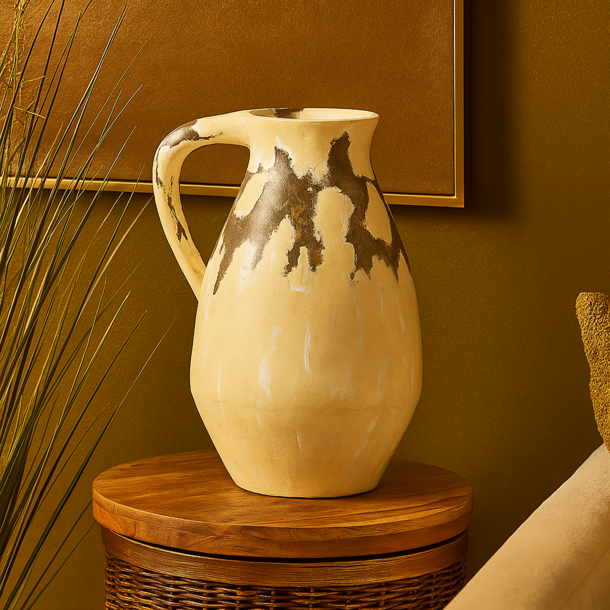 Cream Ceramic Antique Style Pot Decorative Vase with Curved Handle
