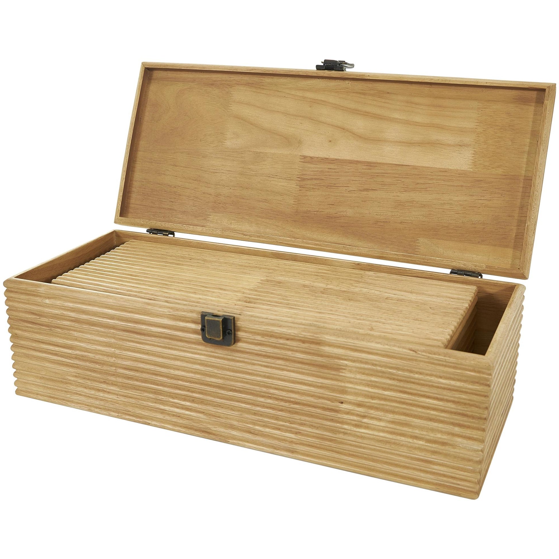 Set of 2 Light Brown Wood Carved Linear Decorative Box