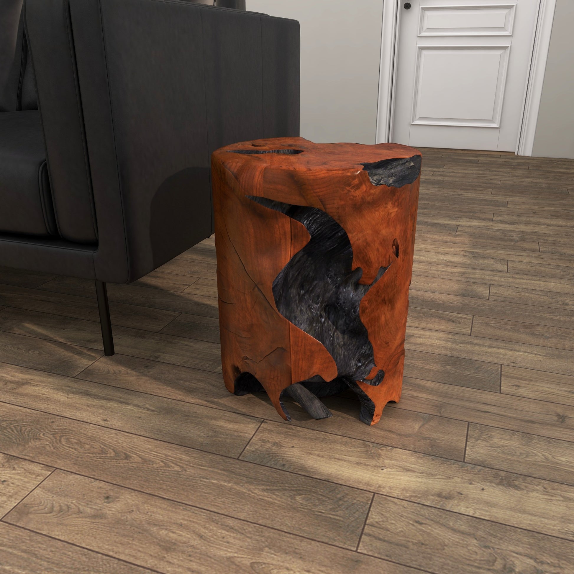 Brown Teak Wood Handmade Live Edge Stump Living Room Stool with Charred Detailing