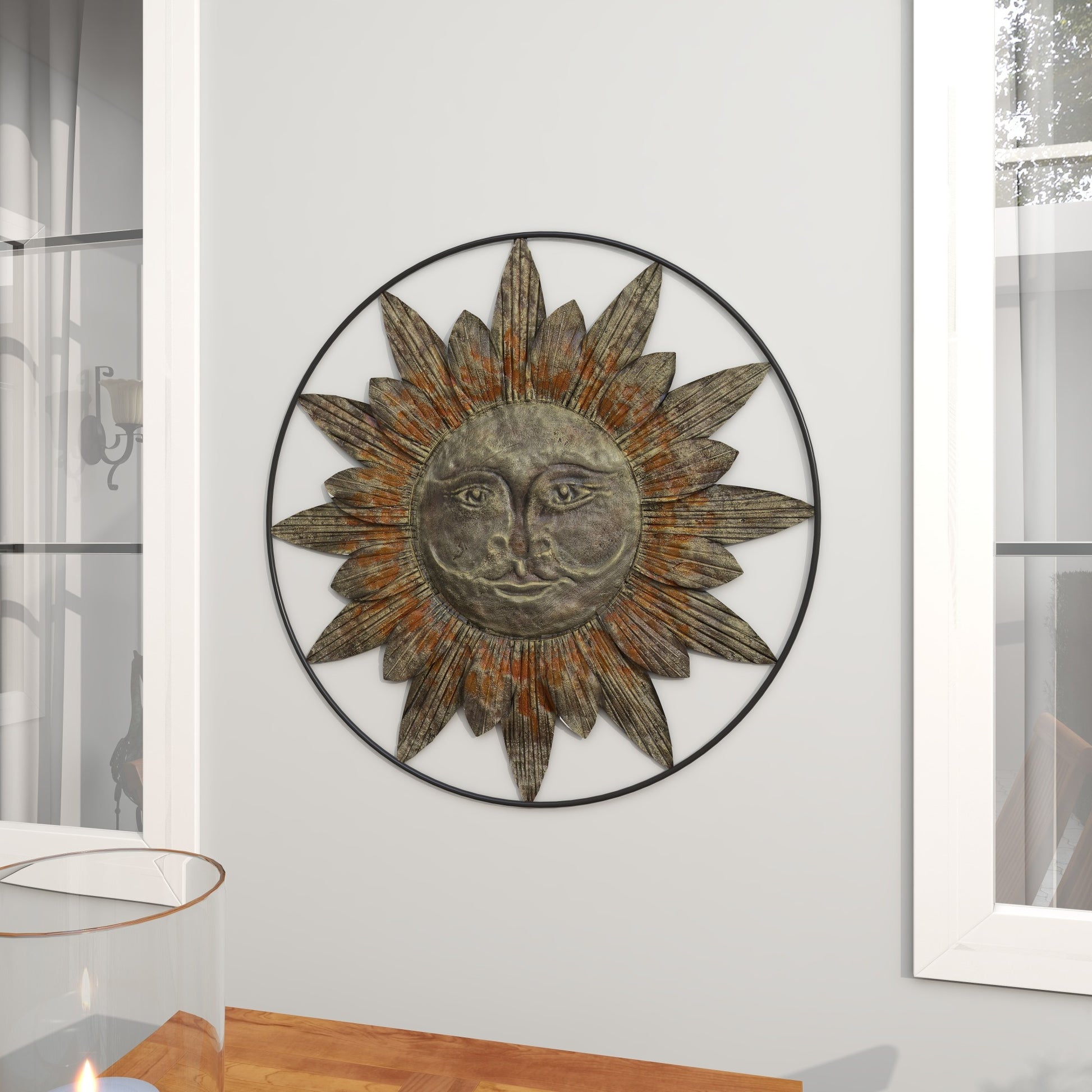 Sun Brown Metal Indoor Outdoor Home Wall Decor with Distressed Copper Like Finish