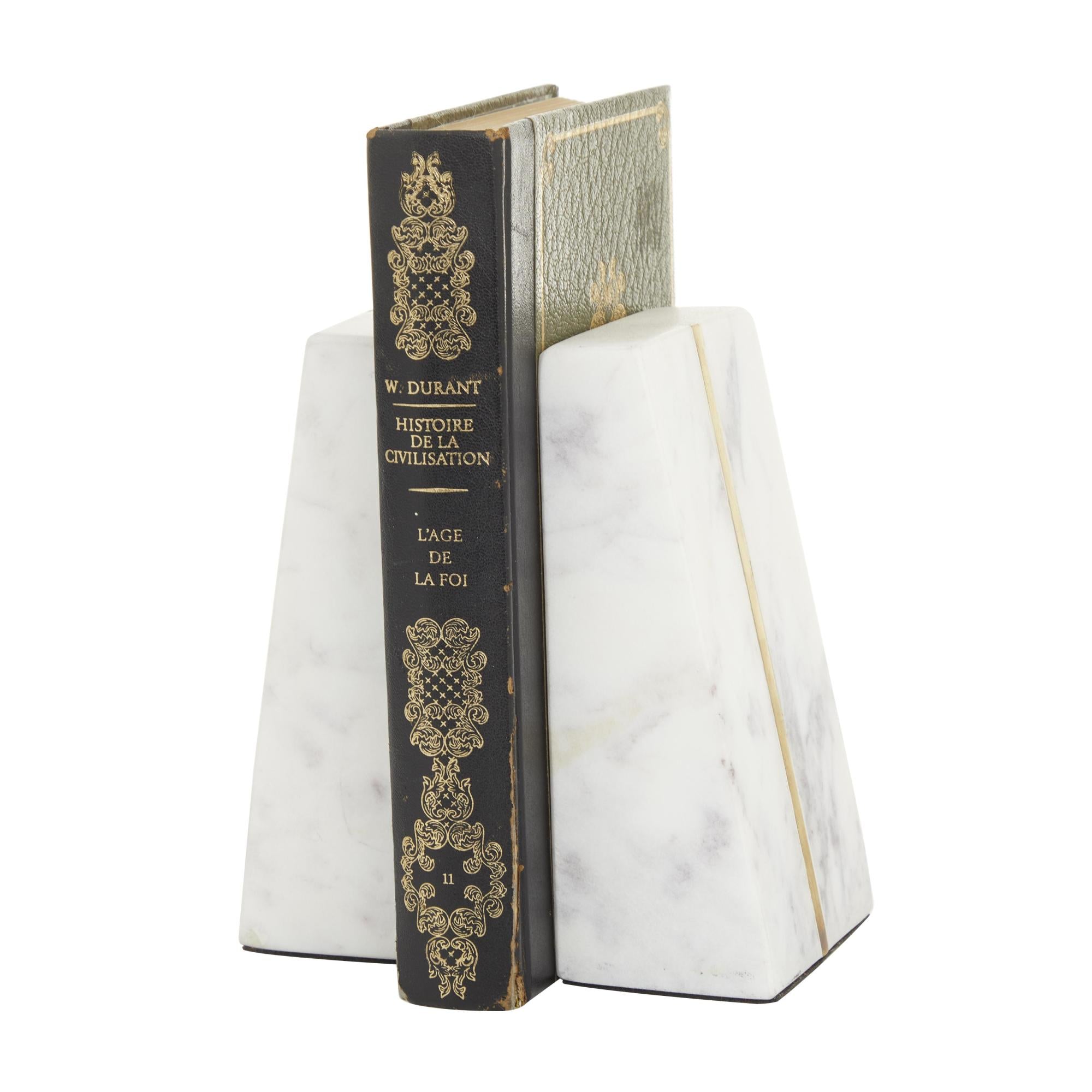 CosmoLiving by Cosmopolitan Set of 2 Geometric White Marble 6 lbs Decorative Bookends with Gold Inlay