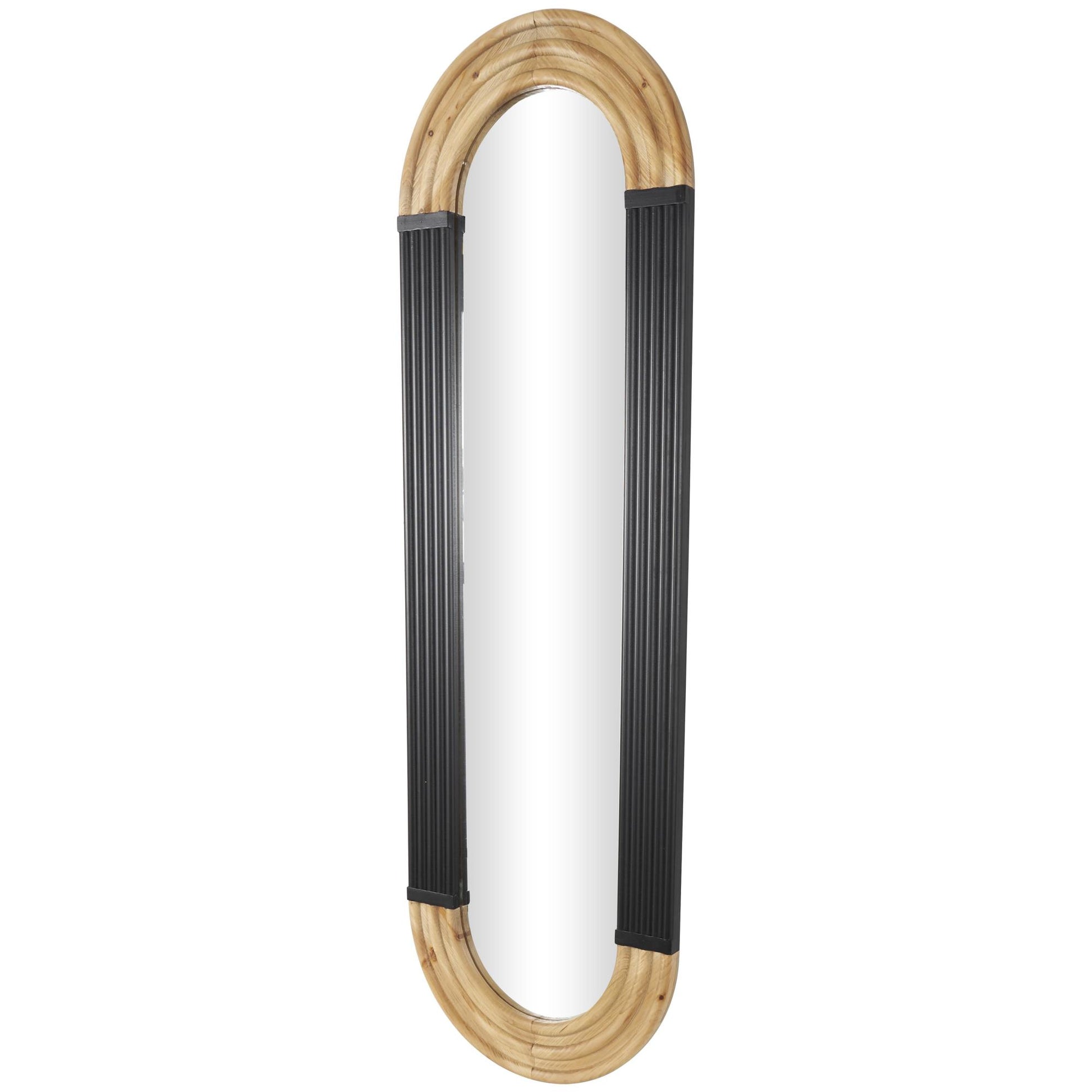 Wooden Ribbed Oval Room Wall Mirror with Brown Accents